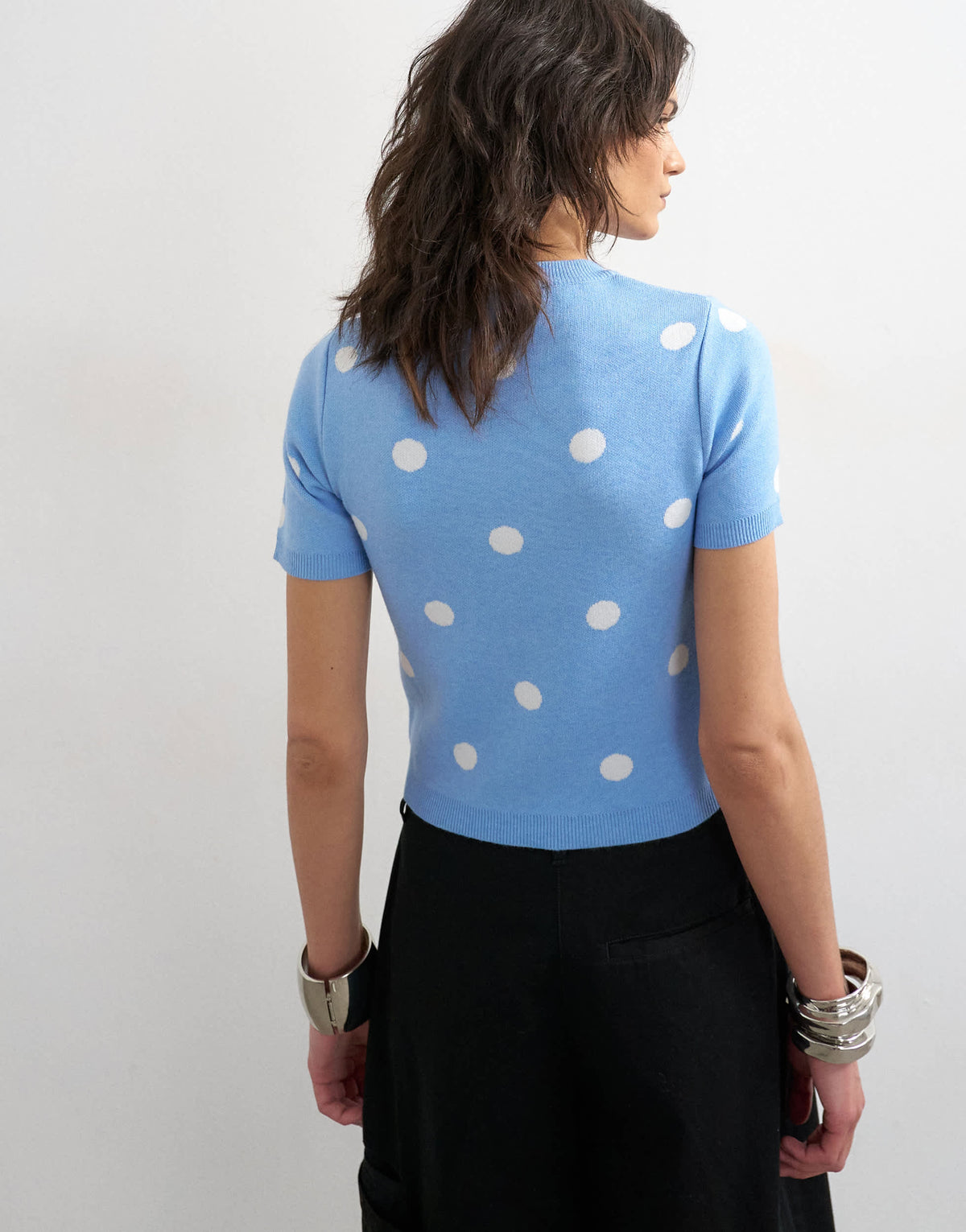 Topshop knitted spot high v neck top in blue