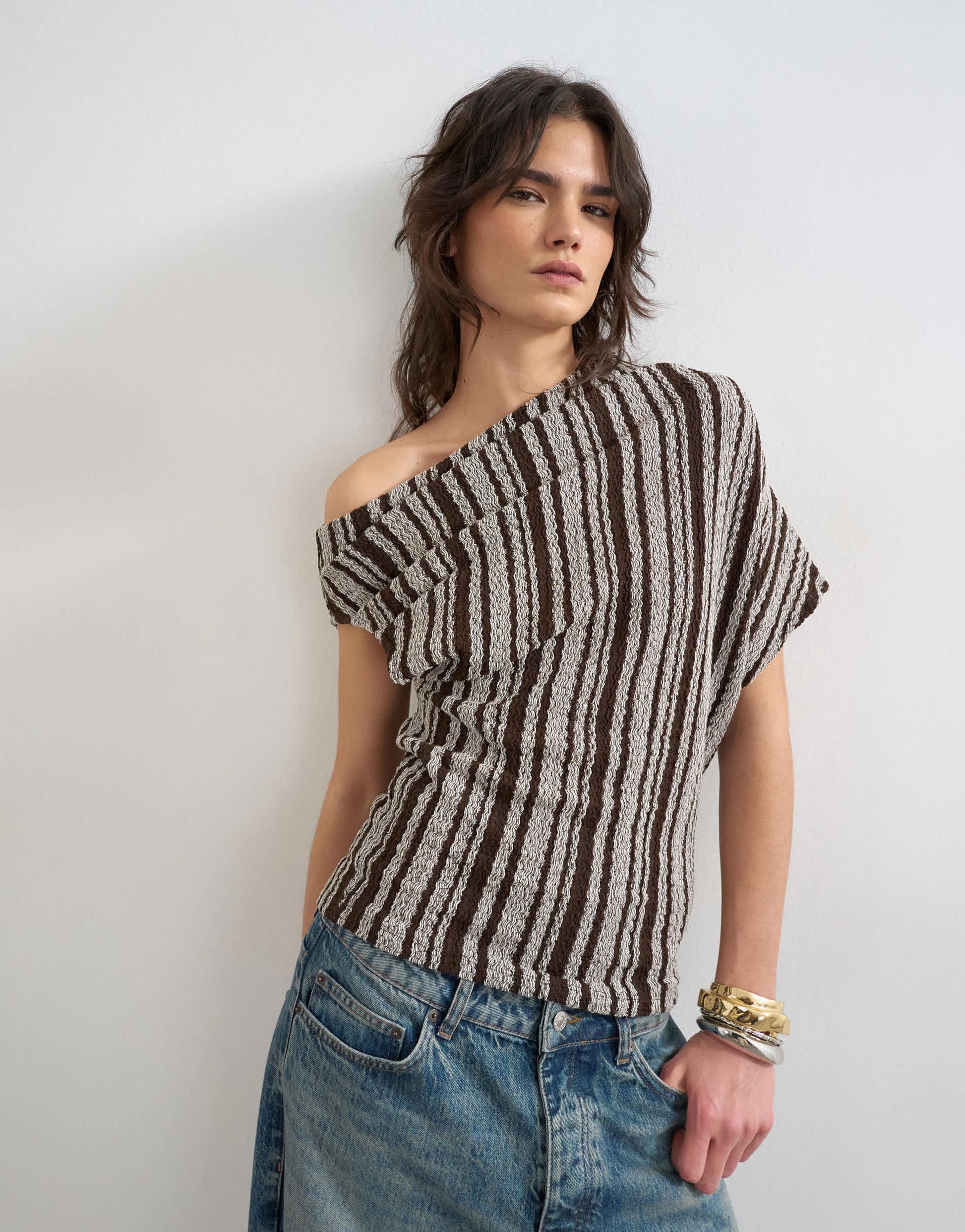 Topshop stripe fallen shoulder textured top in grey