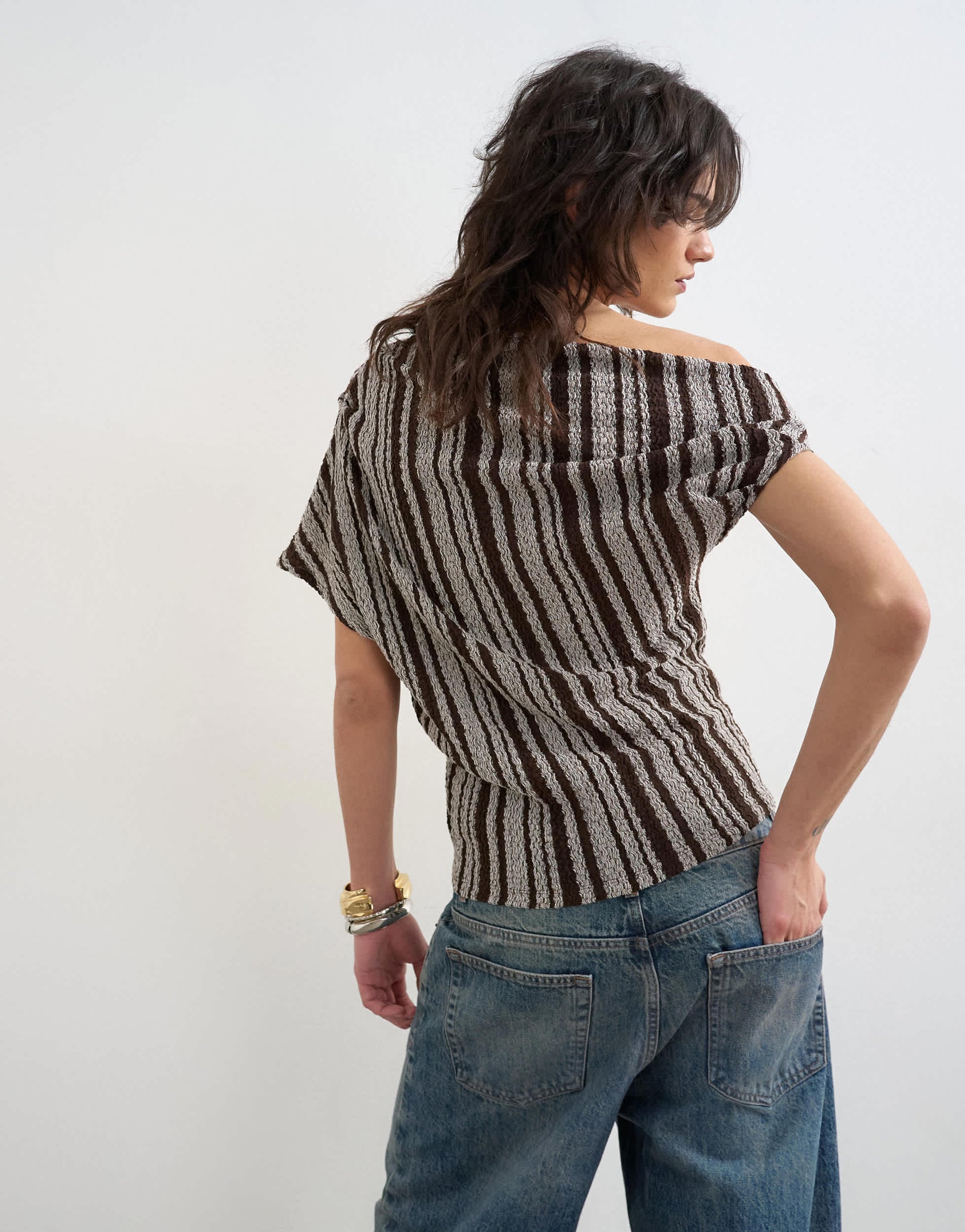 Topshop stripe fallen shoulder textured top in grey