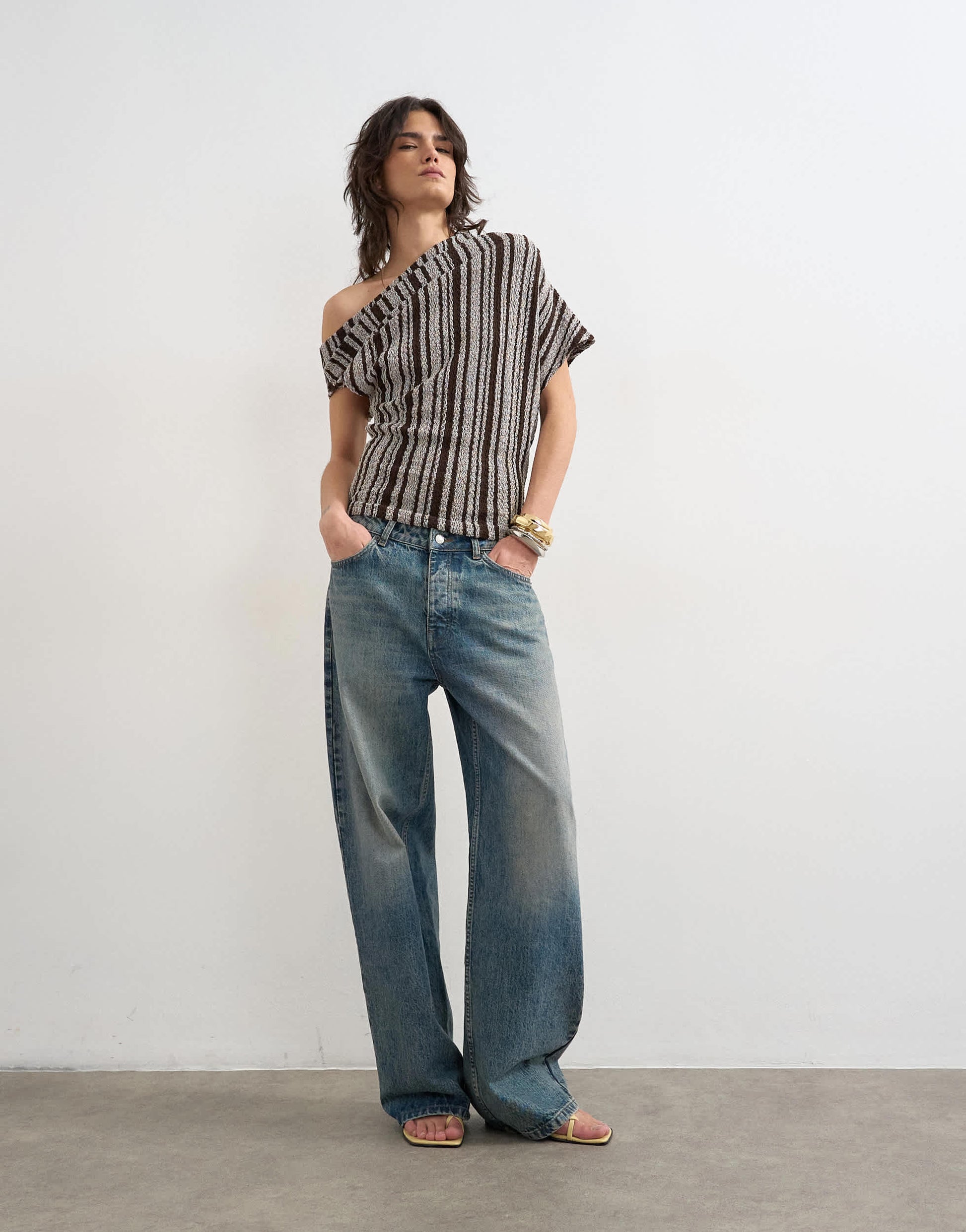 Topshop stripe fallen shoulder textured top in grey