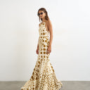 Topshop cut away racer neck full skirt maxi dress in taupe and chocolate polka dot