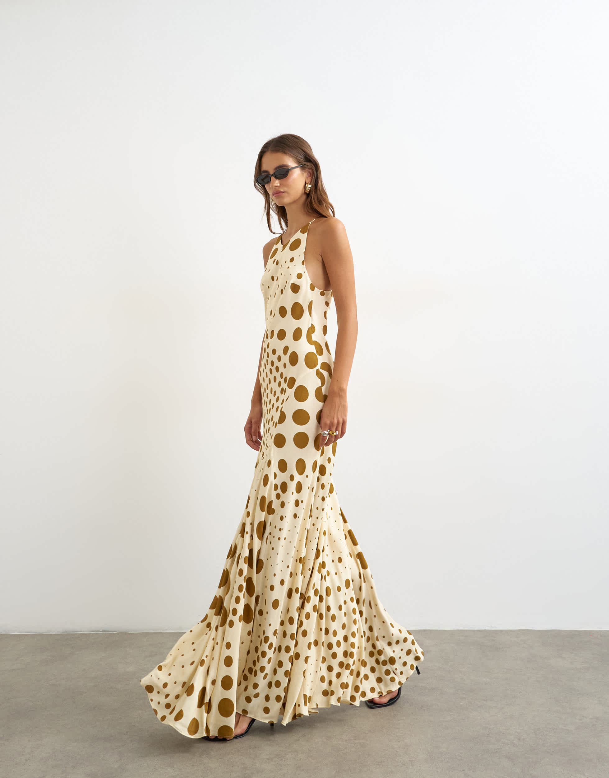 Topshop cut away racer neck full skirt maxi dress in taupe and chocolate polka dot