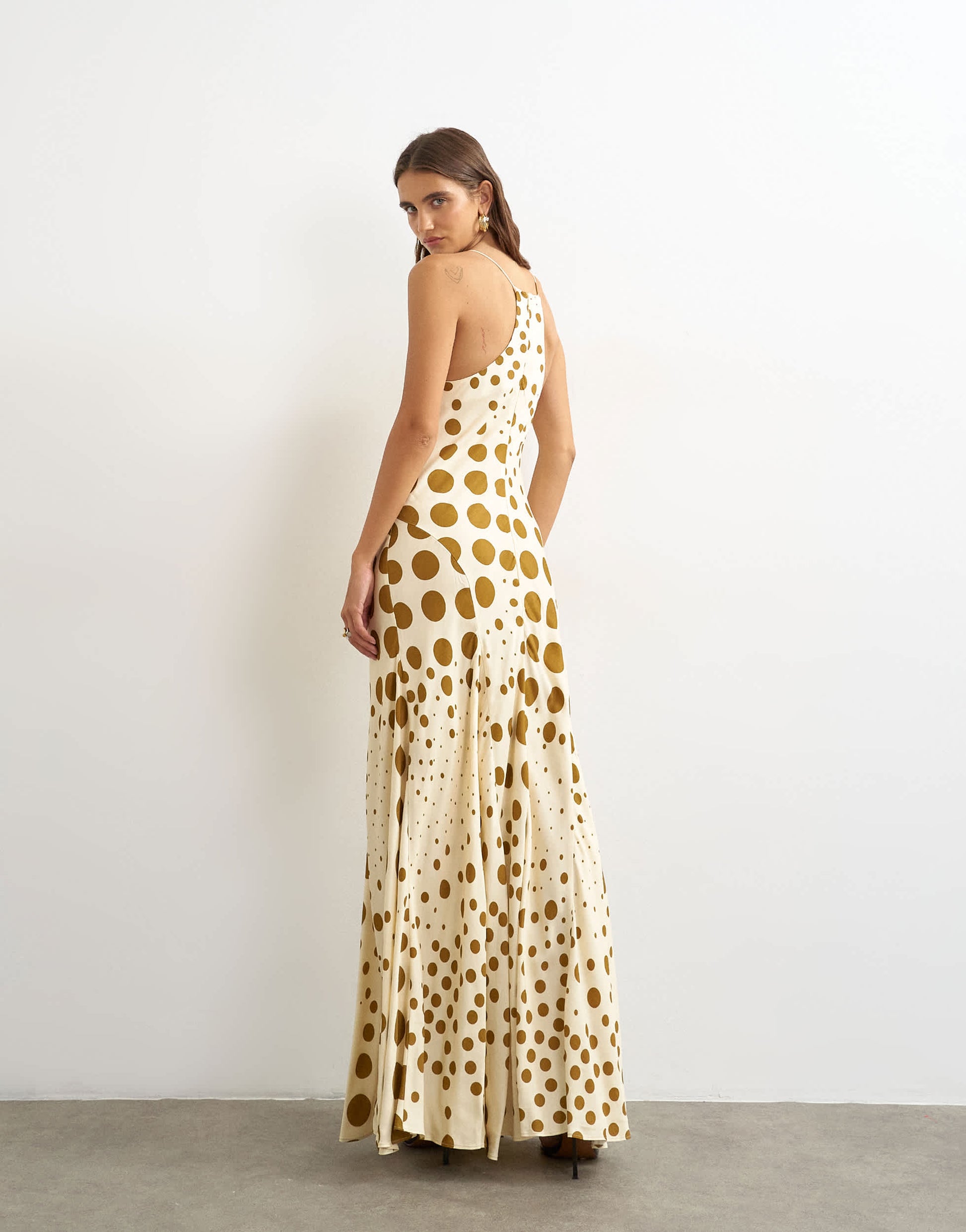 Topshop cut away racer neck full skirt maxi dress in taupe and chocolate polka dot