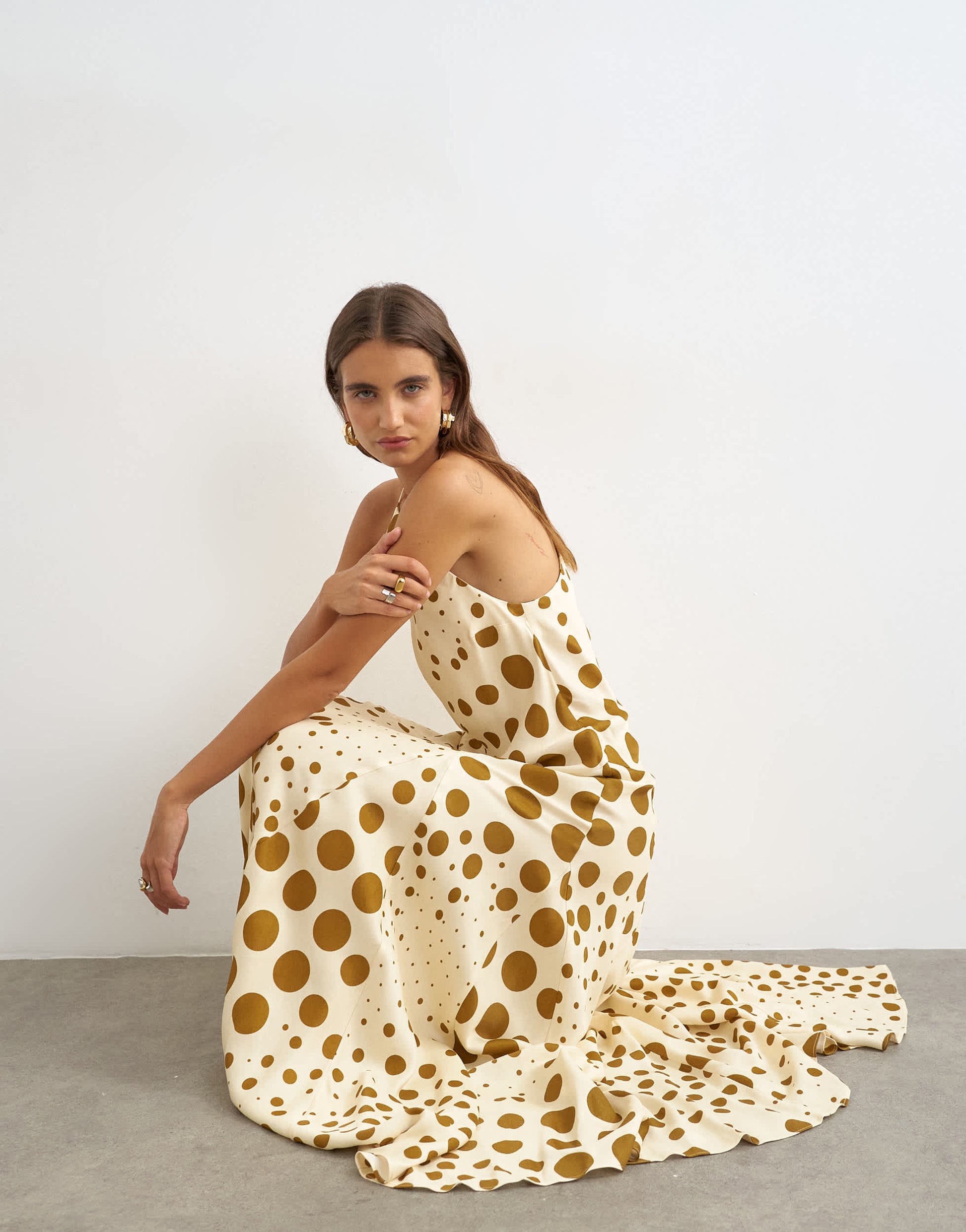 Topshop cut away racer neck full skirt maxi dress in taupe and chocolate polka dot