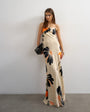 Topshop viscose satin low scoop flood length maxi slip dress in black and orange bold floral