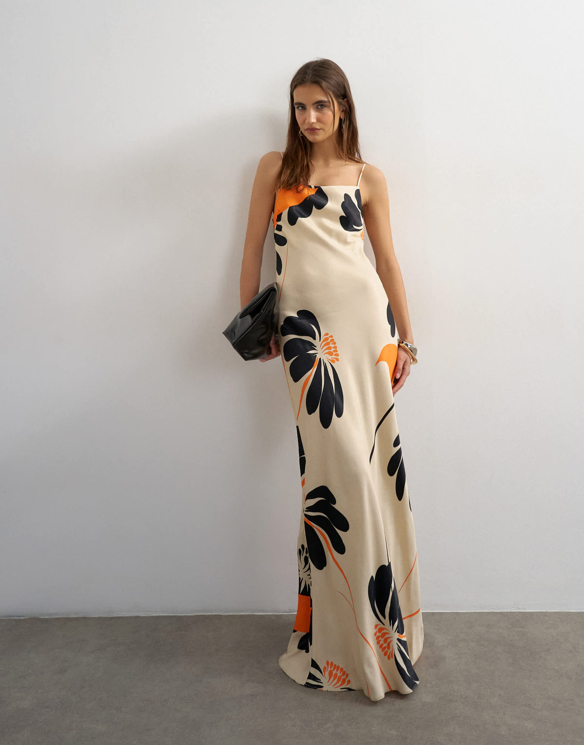 Topshop viscose satin low scoop flood length maxi slip dress in black and orange bold floral