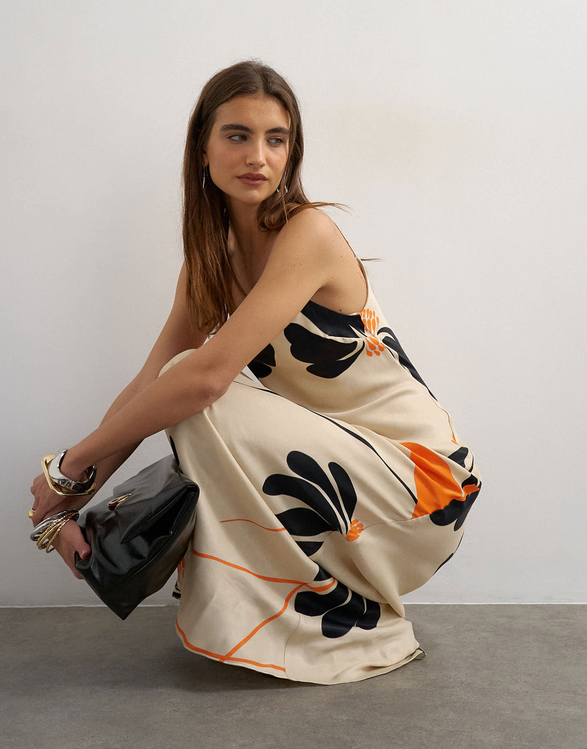 Topshop viscose satin low scoop flood length maxi slip dress in black and orange bold floral