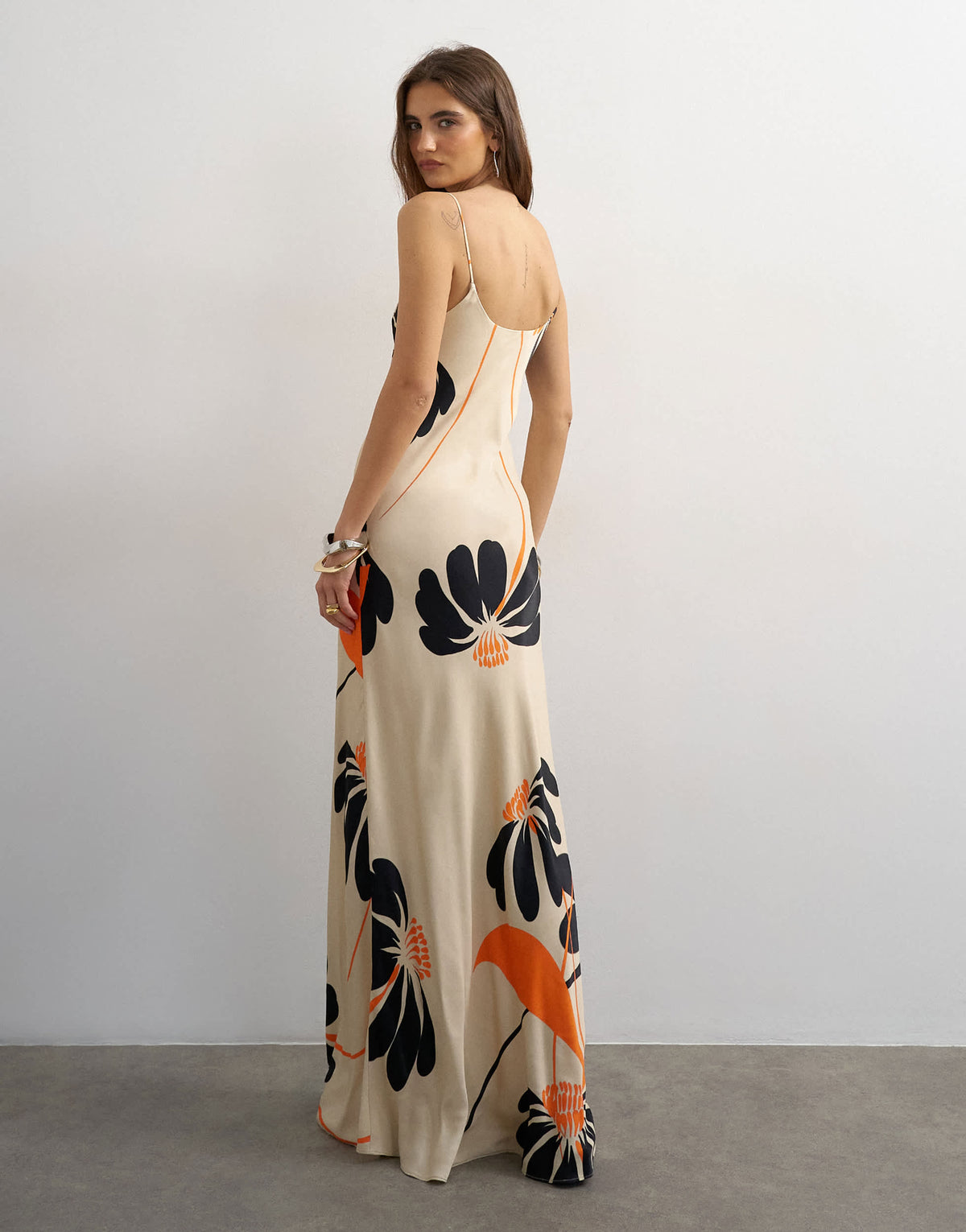 Topshop viscose satin low scoop flood length maxi slip dress in black and orange bold floral