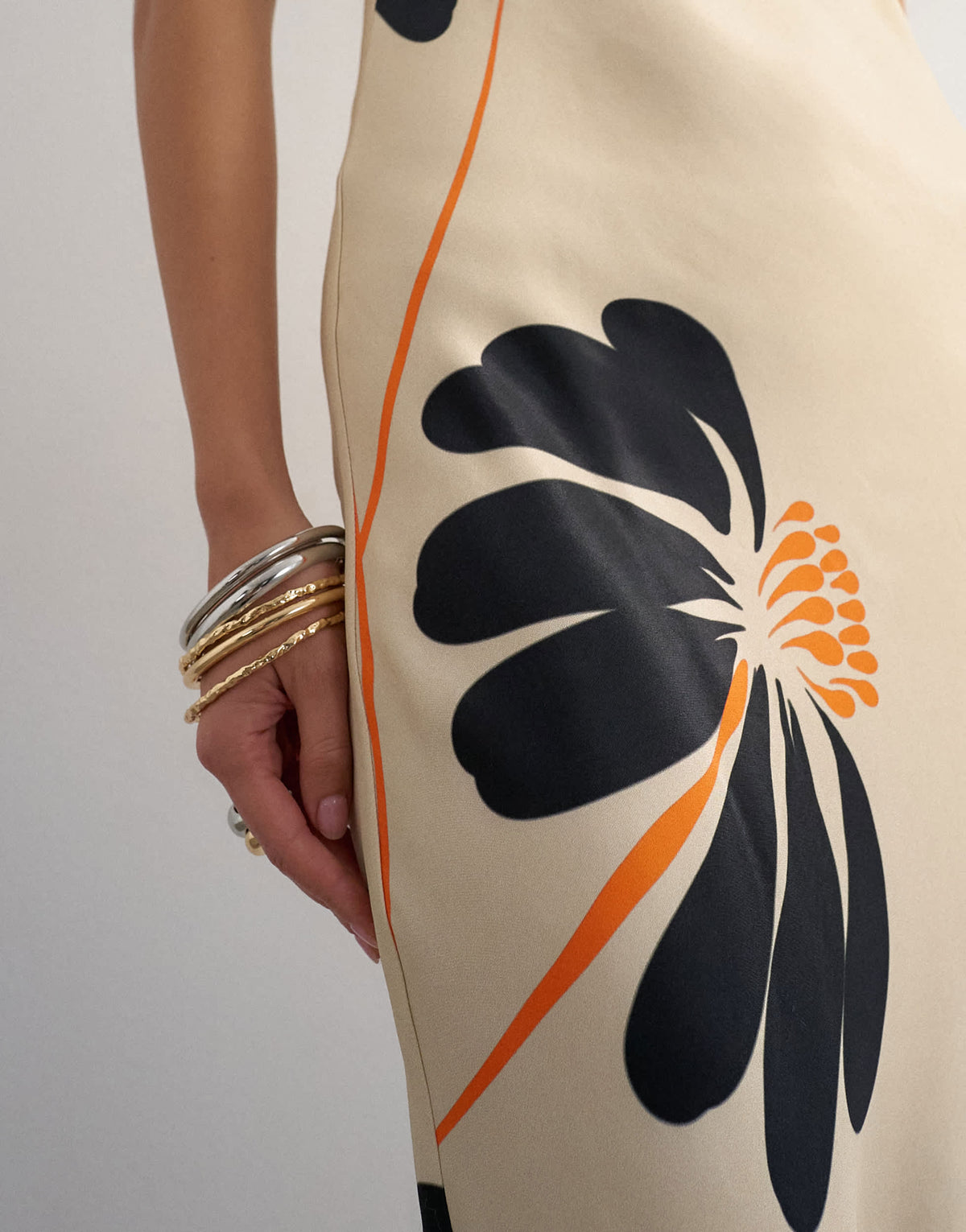 Topshop viscose satin low scoop flood length maxi slip dress in black and orange bold floral