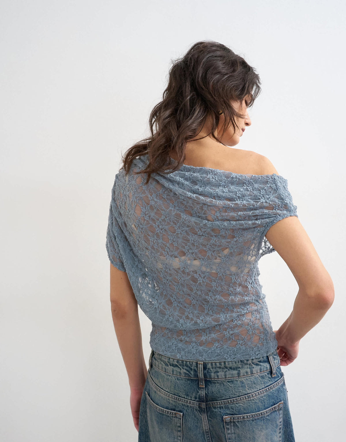 Topshop lace fallen shoulder top in blue
