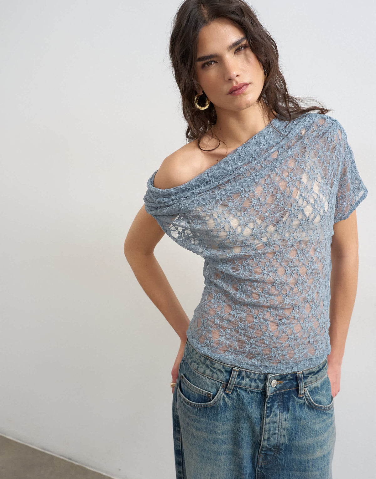 Topshop lace fallen shoulder top in blue