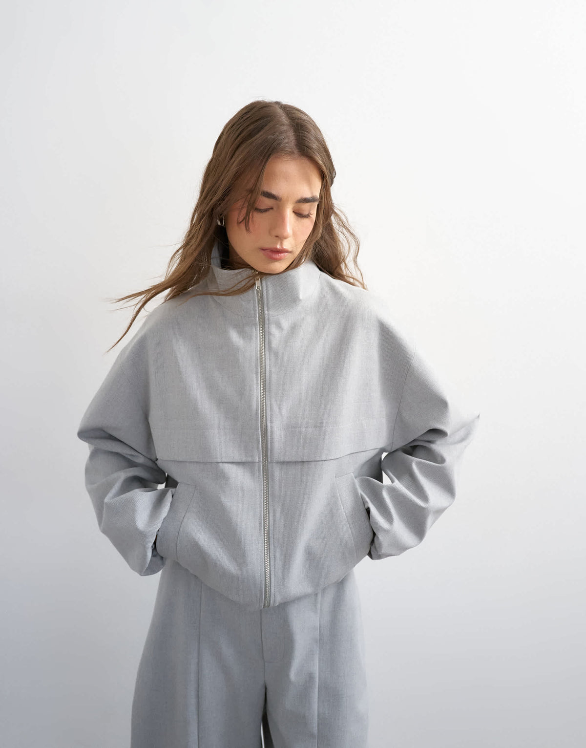 Topshop co ord funnel neck jacket in light grey