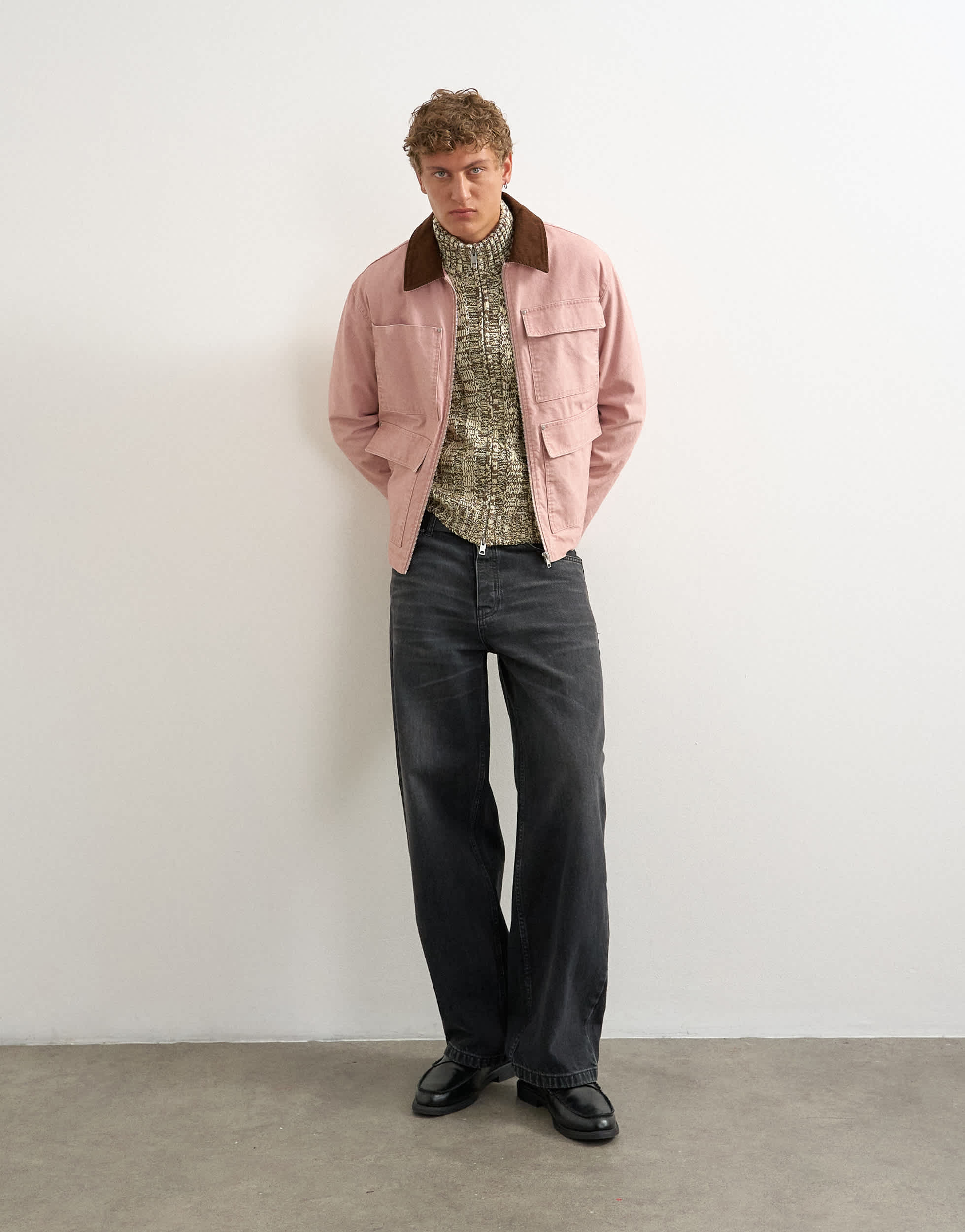 Topman relaxed fit crop barn jacket with cord collar in dusty pink