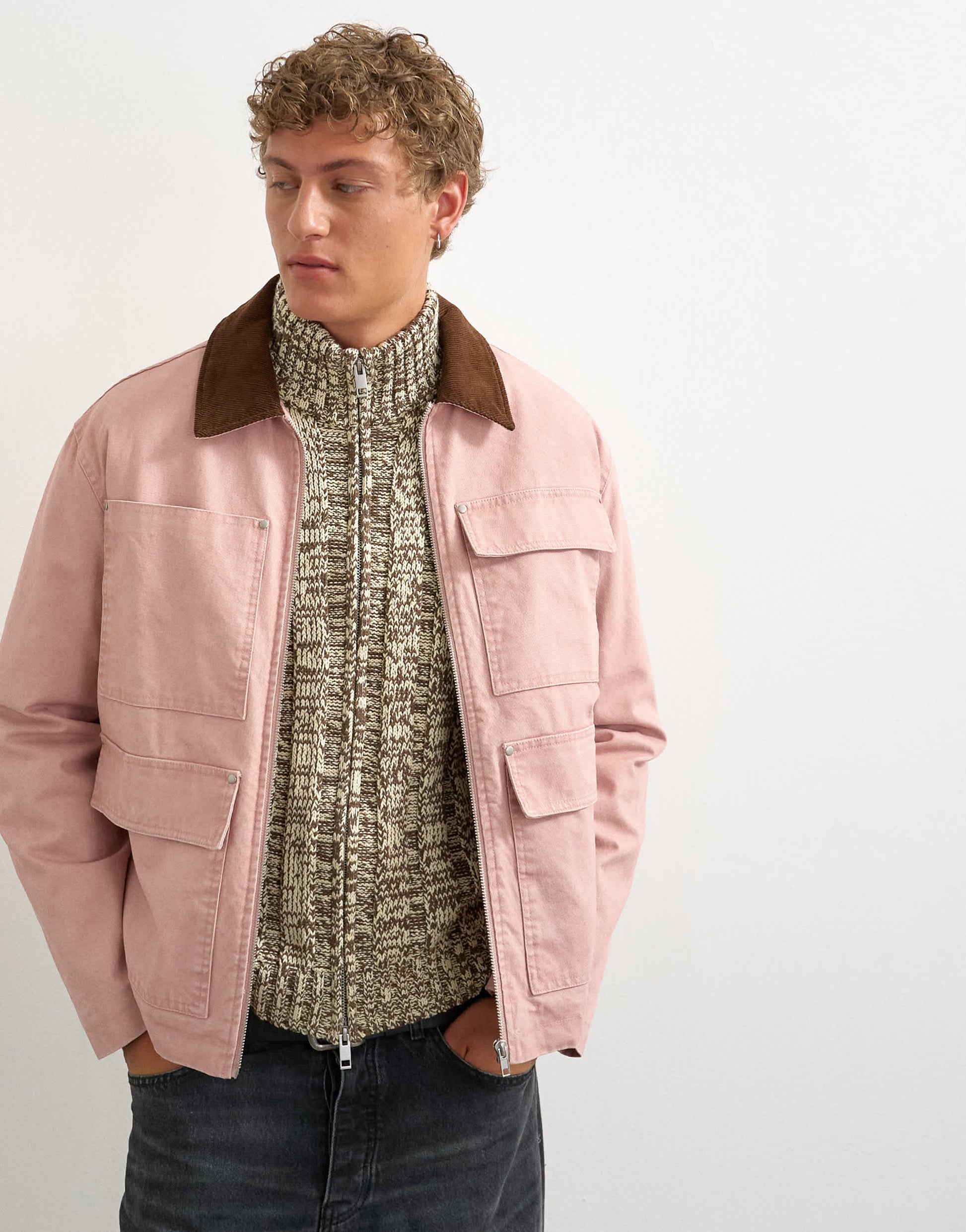 Topman relaxed fit crop barn jacket with cord collar in dusty pink