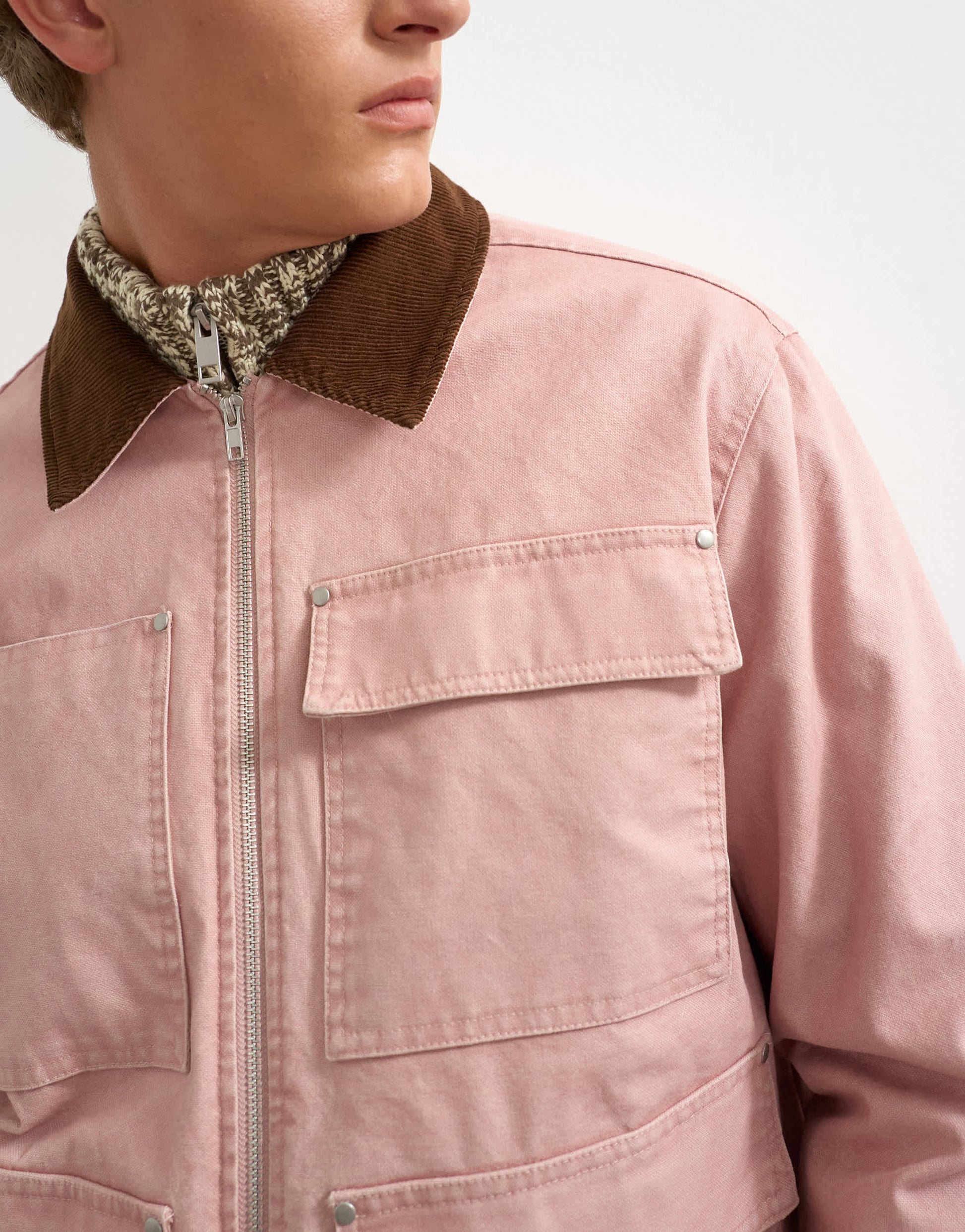 Topman relaxed fit crop barn jacket with cord collar in dusty pink