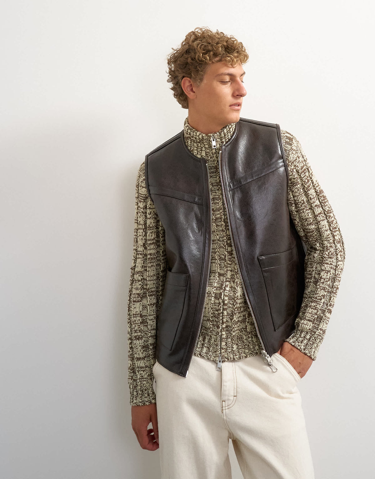 Topman classic fit faux leather reversible shearling gilet in brown