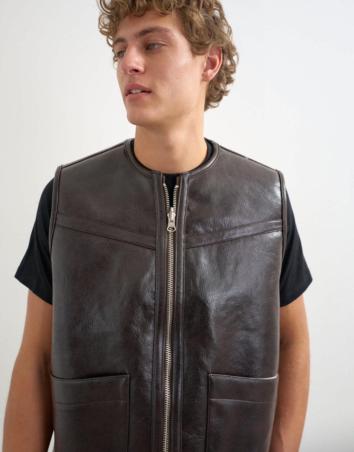 Topman classic fit faux leather reversible shearling gilet in brown
