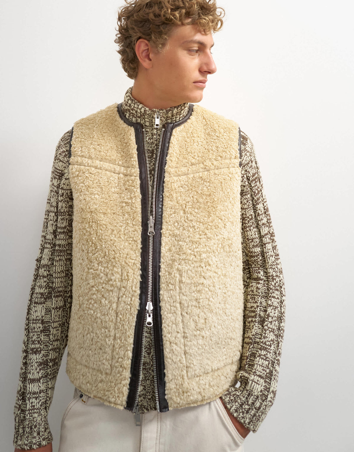 Topman classic fit faux leather reversible shearling gilet in brown