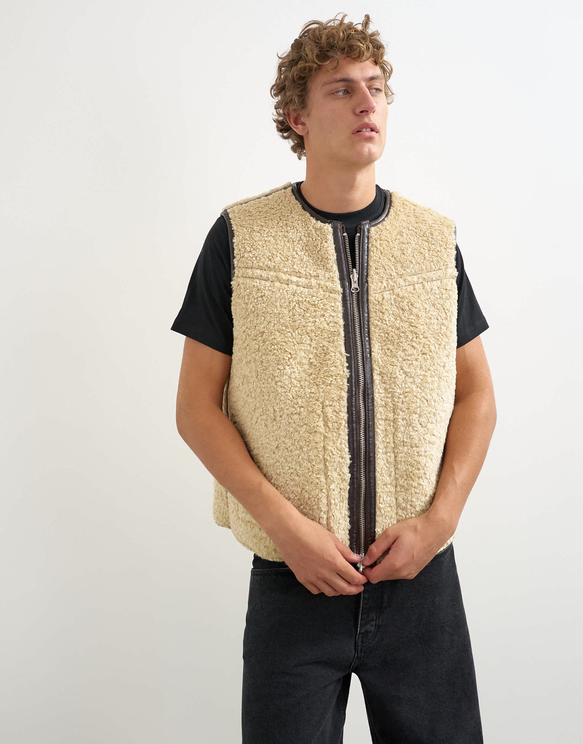 Topman classic fit faux leather reversible shearling gilet in brown