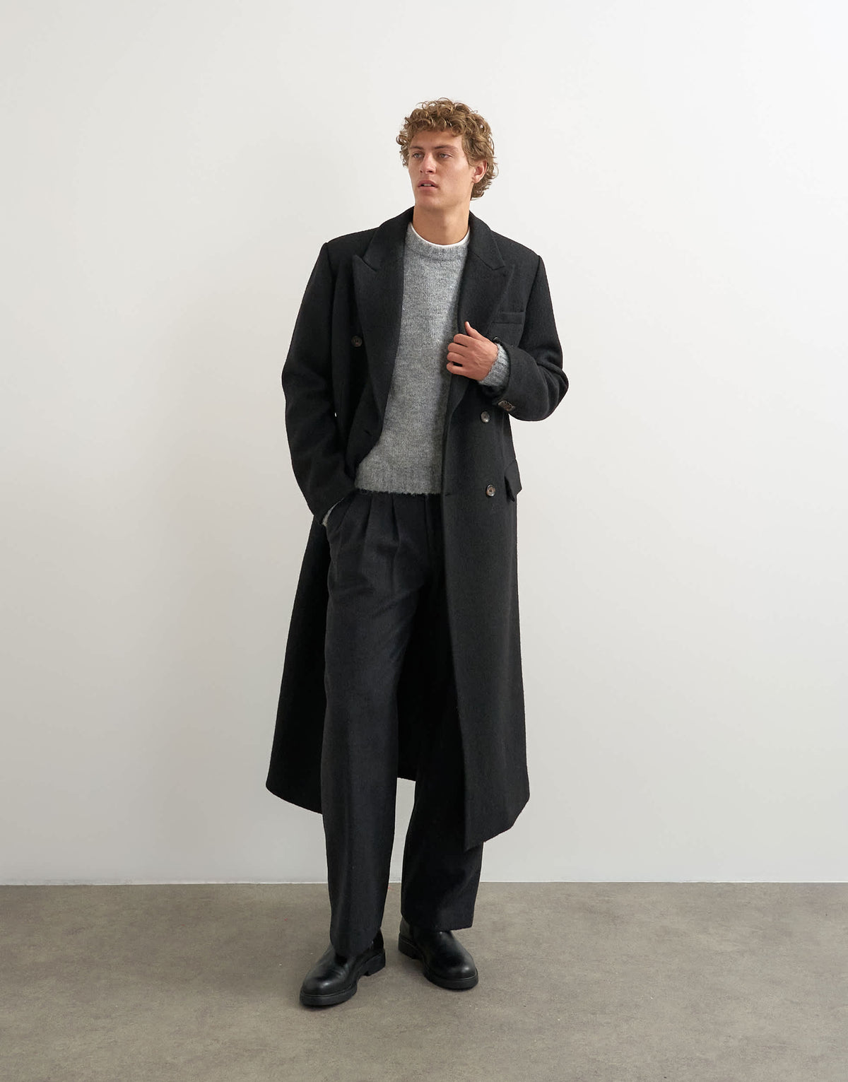 Topman oversized fit wool mix boucle double breasted overcoat in black