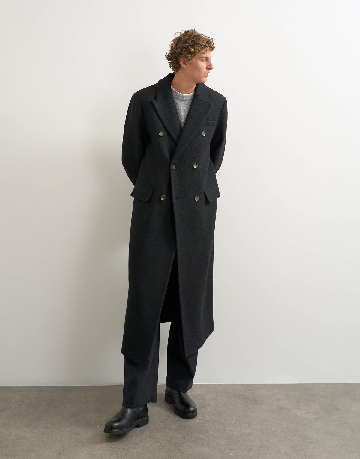 Topman oversized fit wool mix boucle double breasted overcoat in black