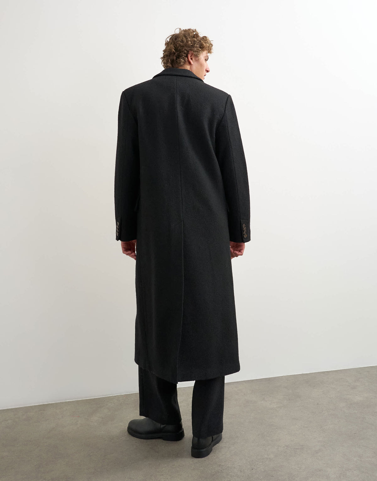 Topman oversized fit wool mix boucle double breasted overcoat in black