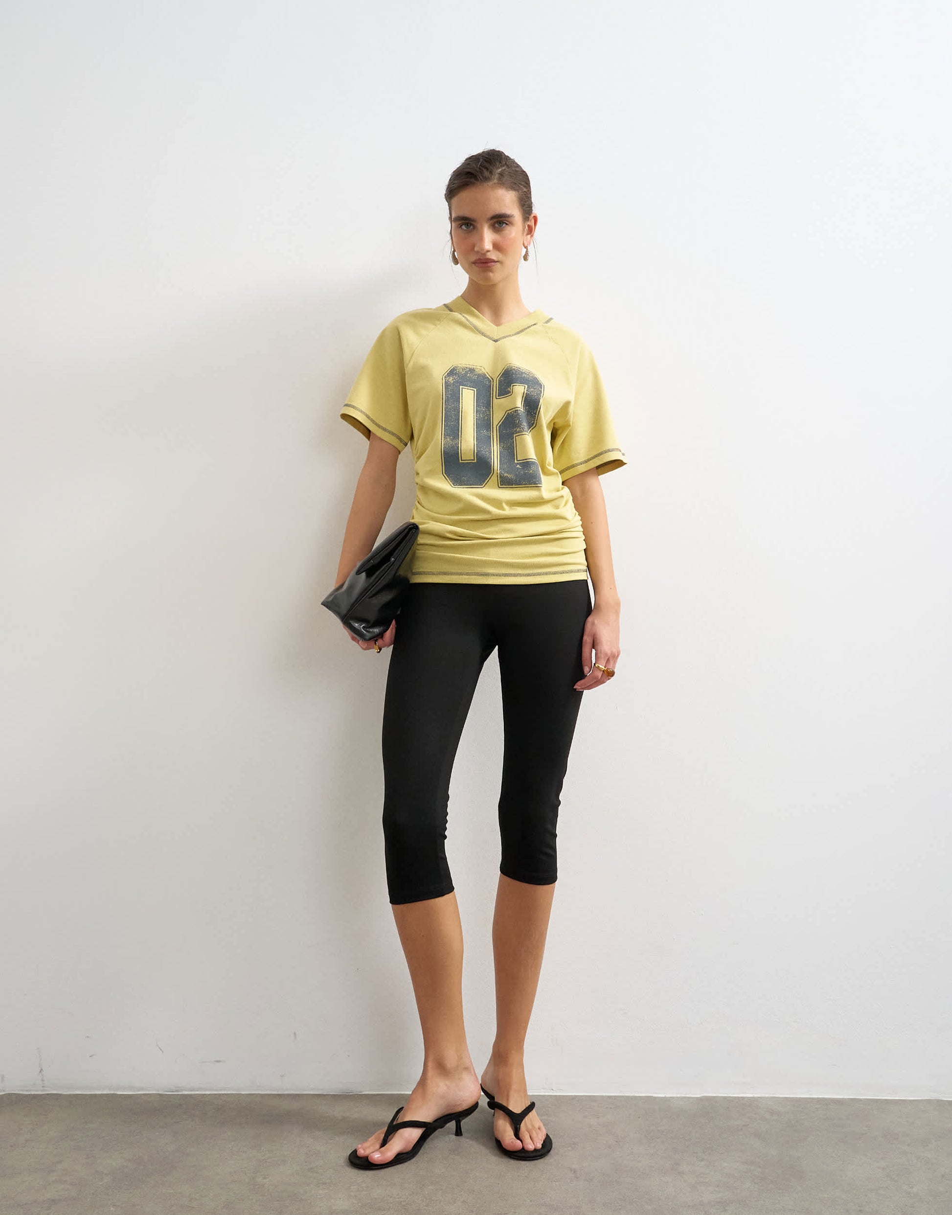 Topshop micro v-neck ruched side graphic tee in yellow