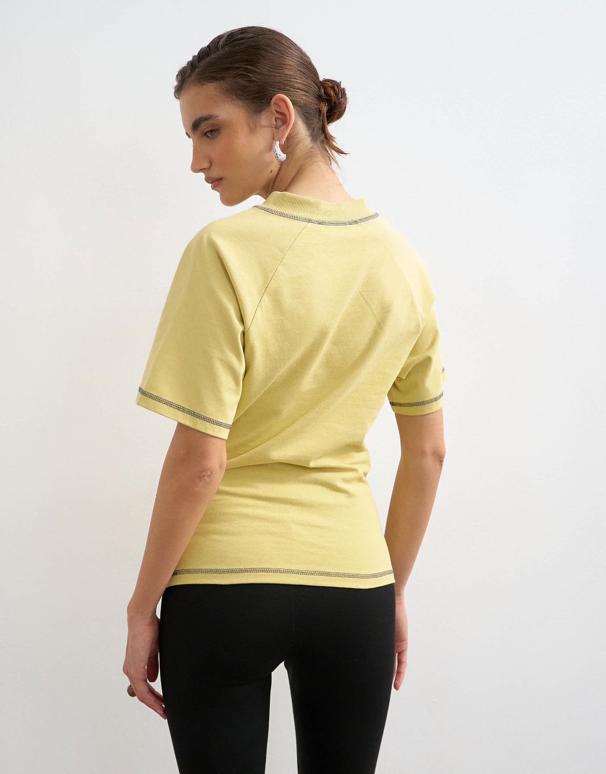 Topshop micro v-neck ruched side graphic tee in yellow