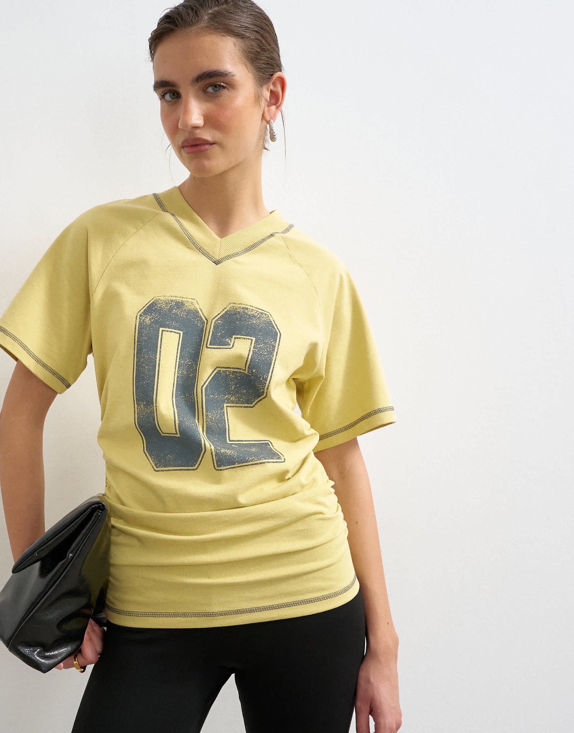 Topshop micro v-neck ruched side graphic tee in yellow