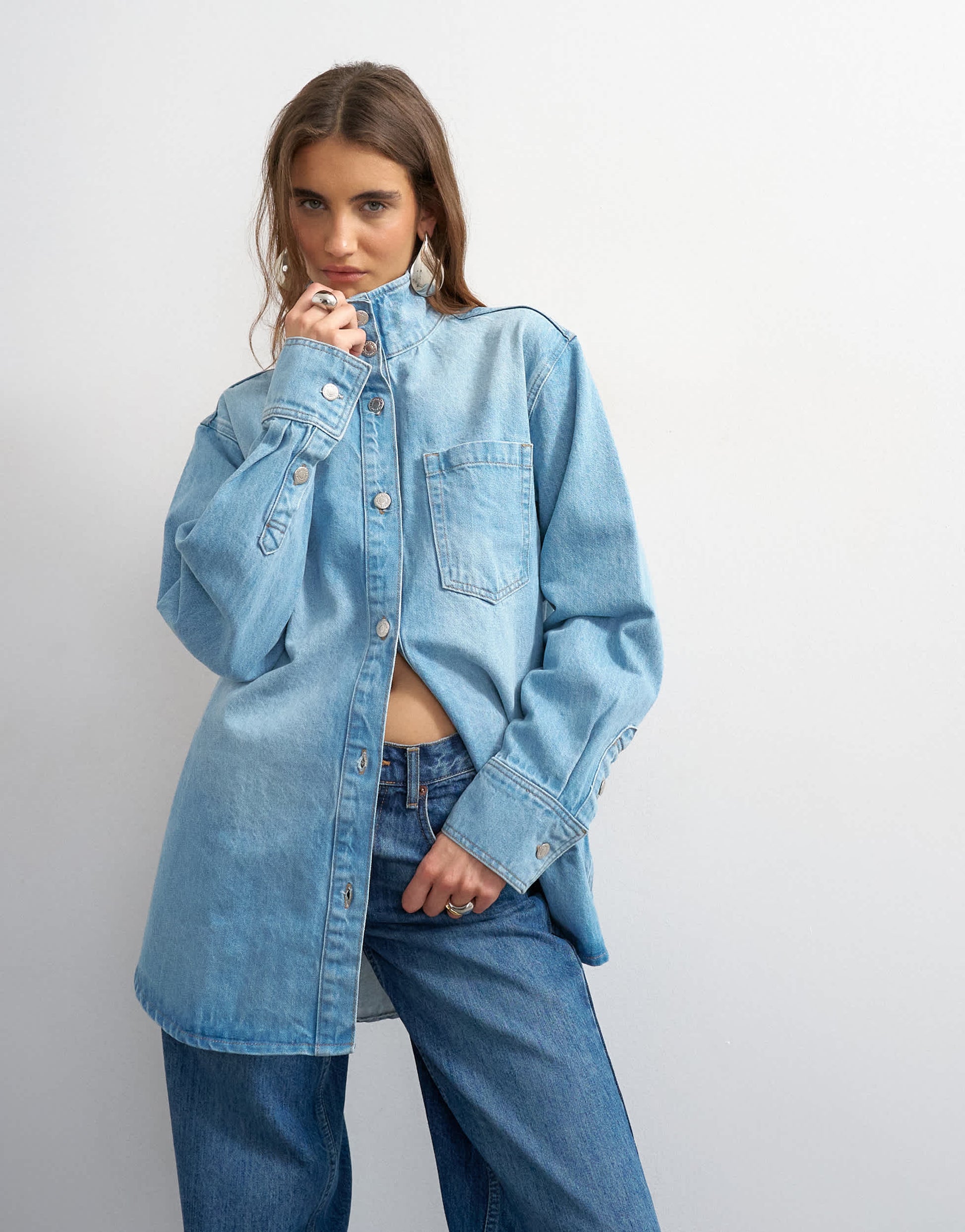 Topshop denim funnel neck shacket in bleach