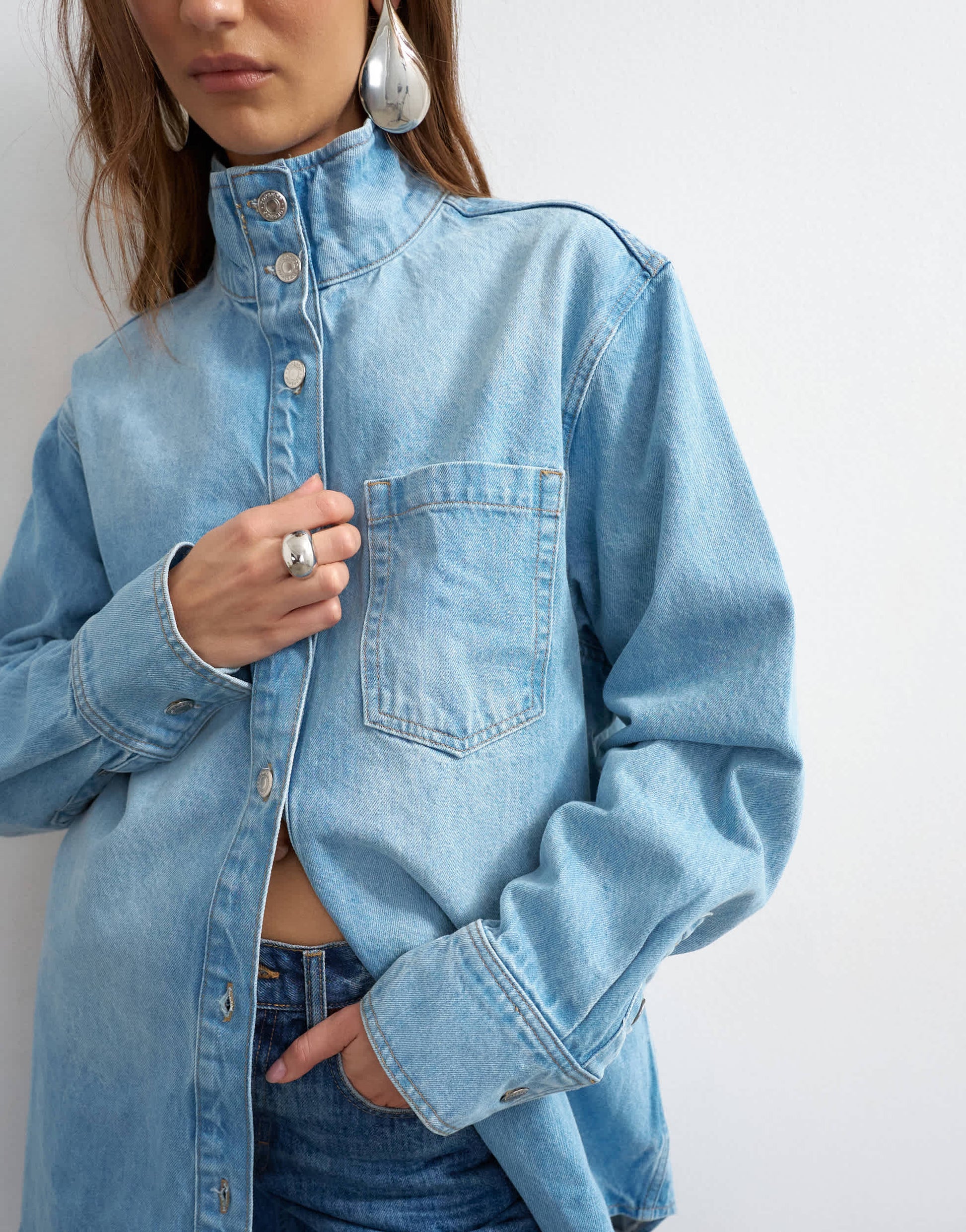 Topshop denim funnel neck shacket in bleach