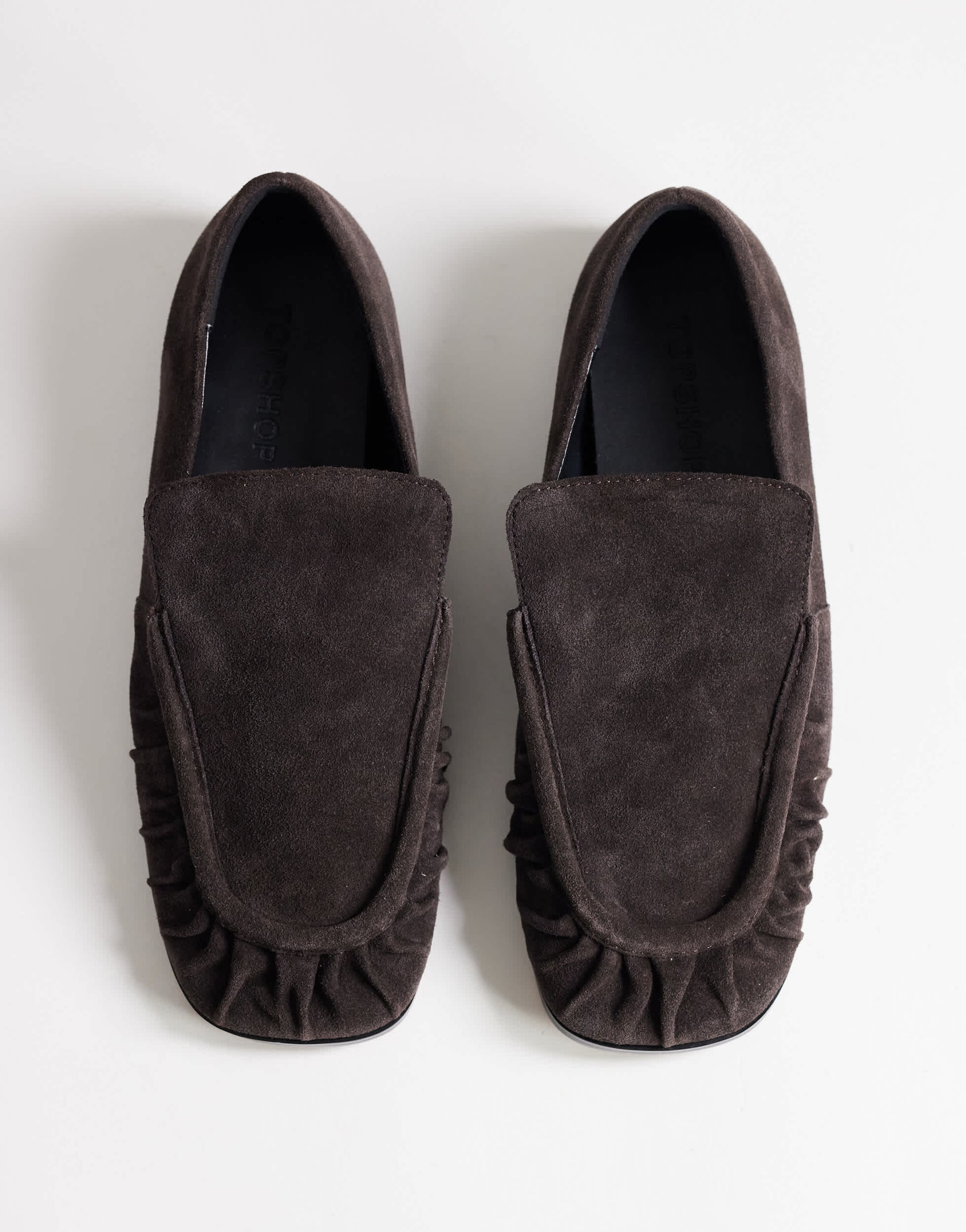Topshop Dora real suede ruched loafer in chocolate