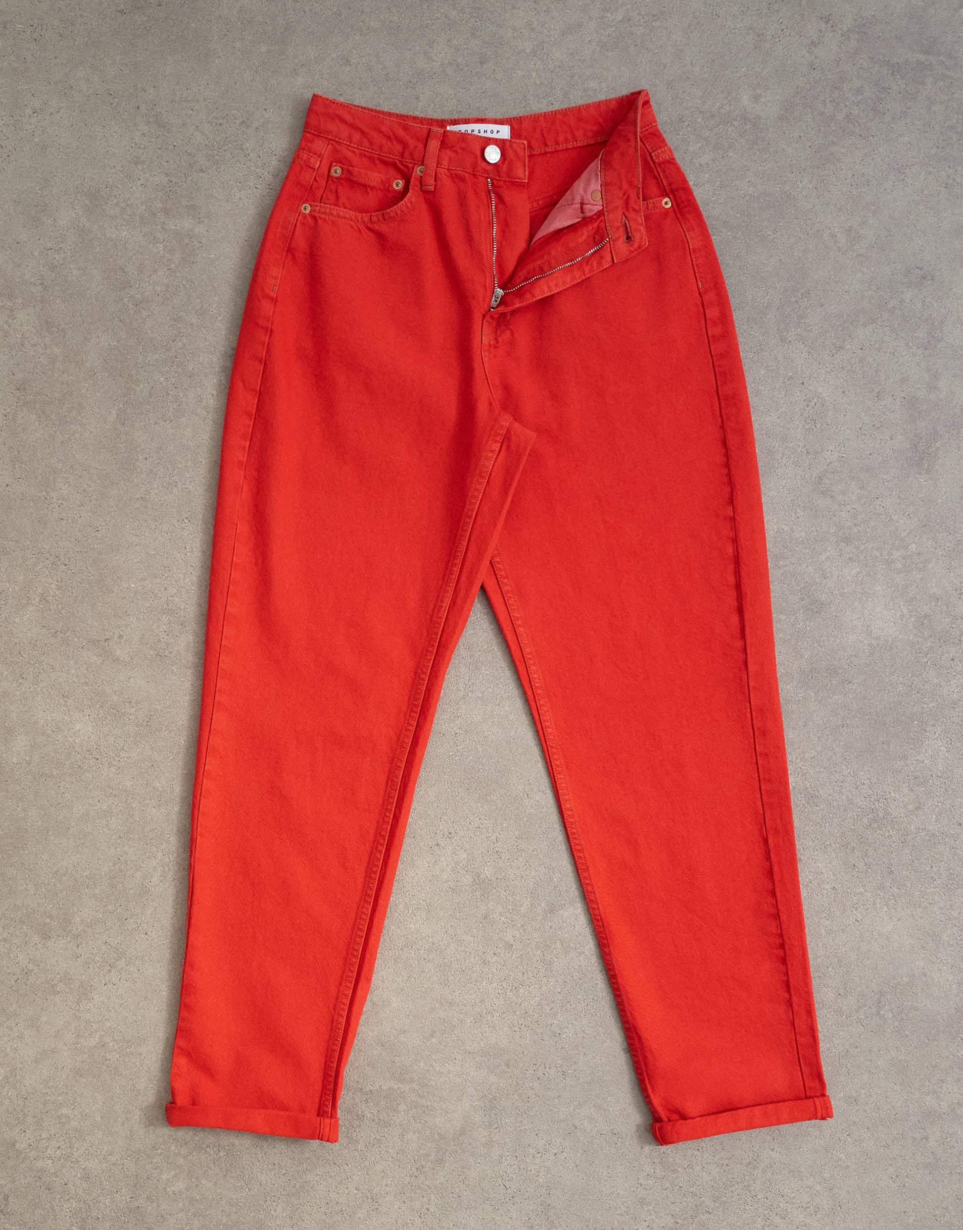 Topshop Mom high rise loose fit jean in red