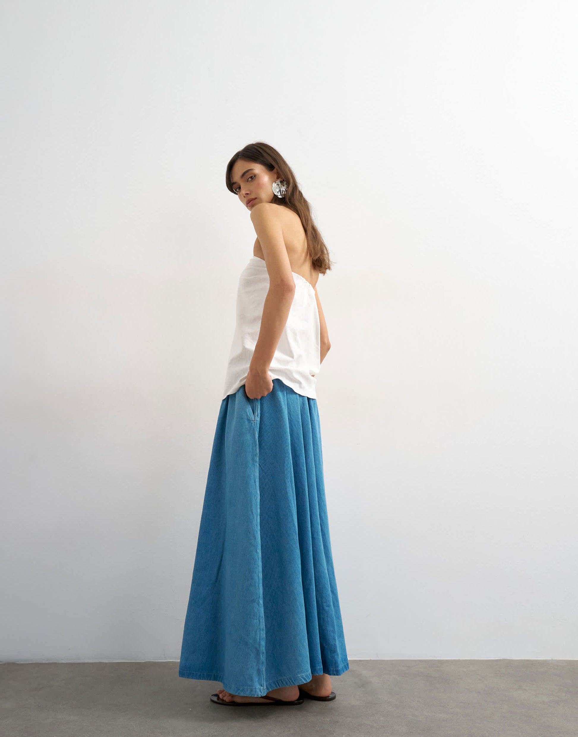 Topshop denim pull on circle maxi skirt in bleach