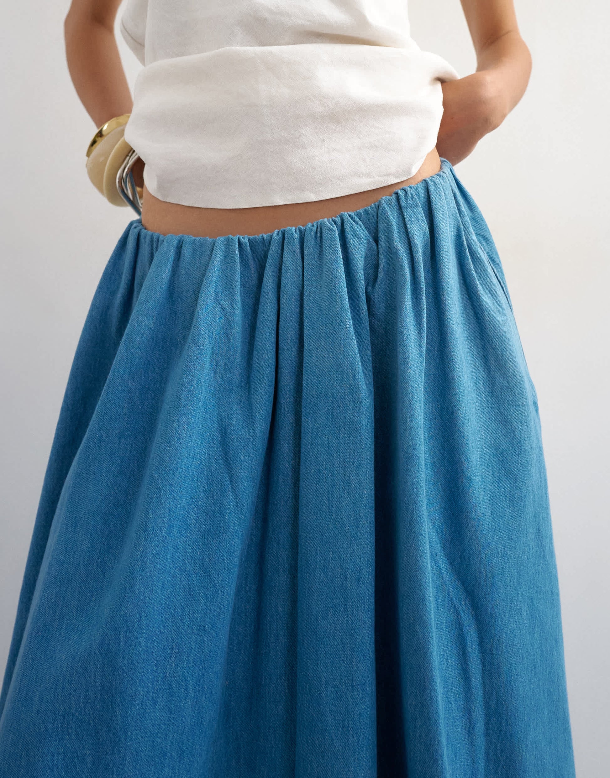 Topshop denim pull on circle maxi skirt in bleach