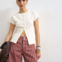 Topshop Denim Editor Shorts in rot-rosa gestreift