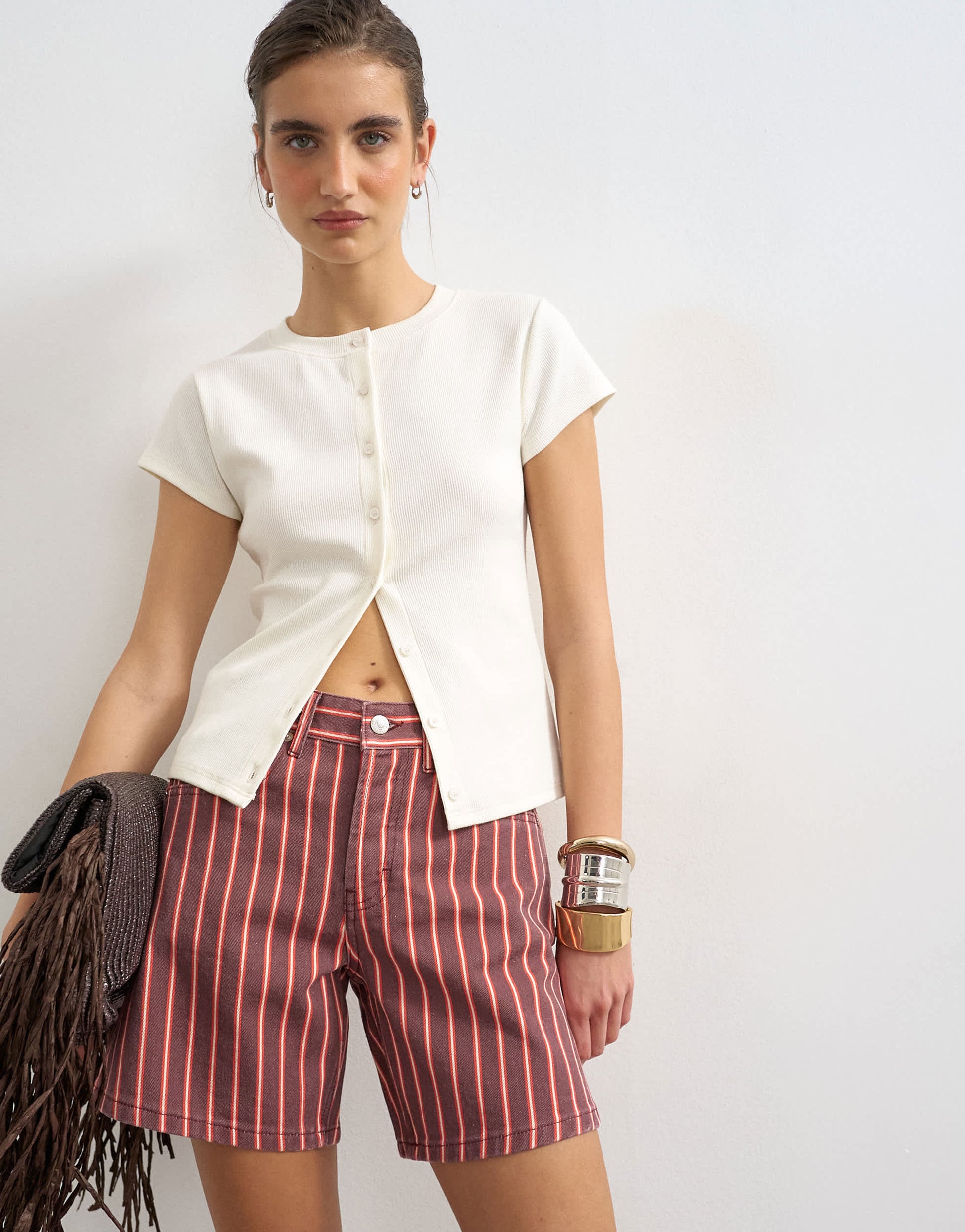 Topshop denim Editor short in red and pink stripe