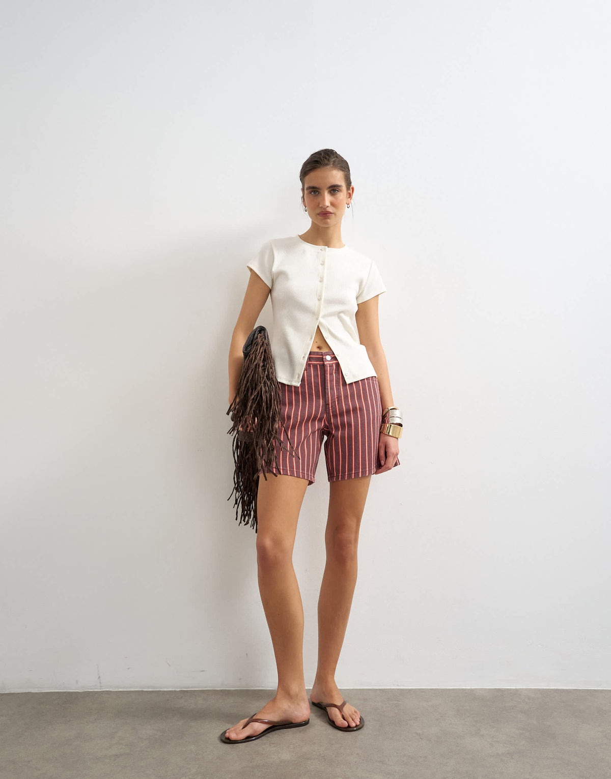 Topshop denim Editor short in red and pink stripe