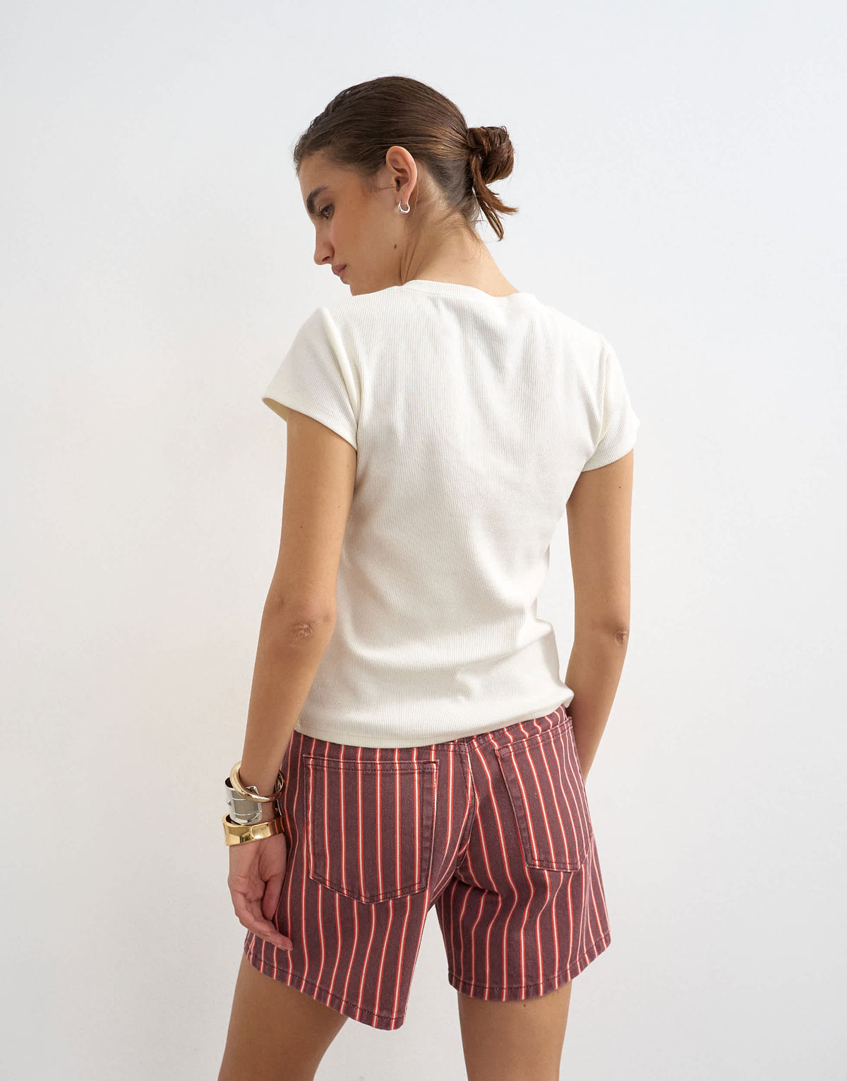 Topshop denim Editor short in red and pink stripe