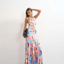 Topshop satin cut away racer neck full skirt maxi dress in blue and pink bold floral