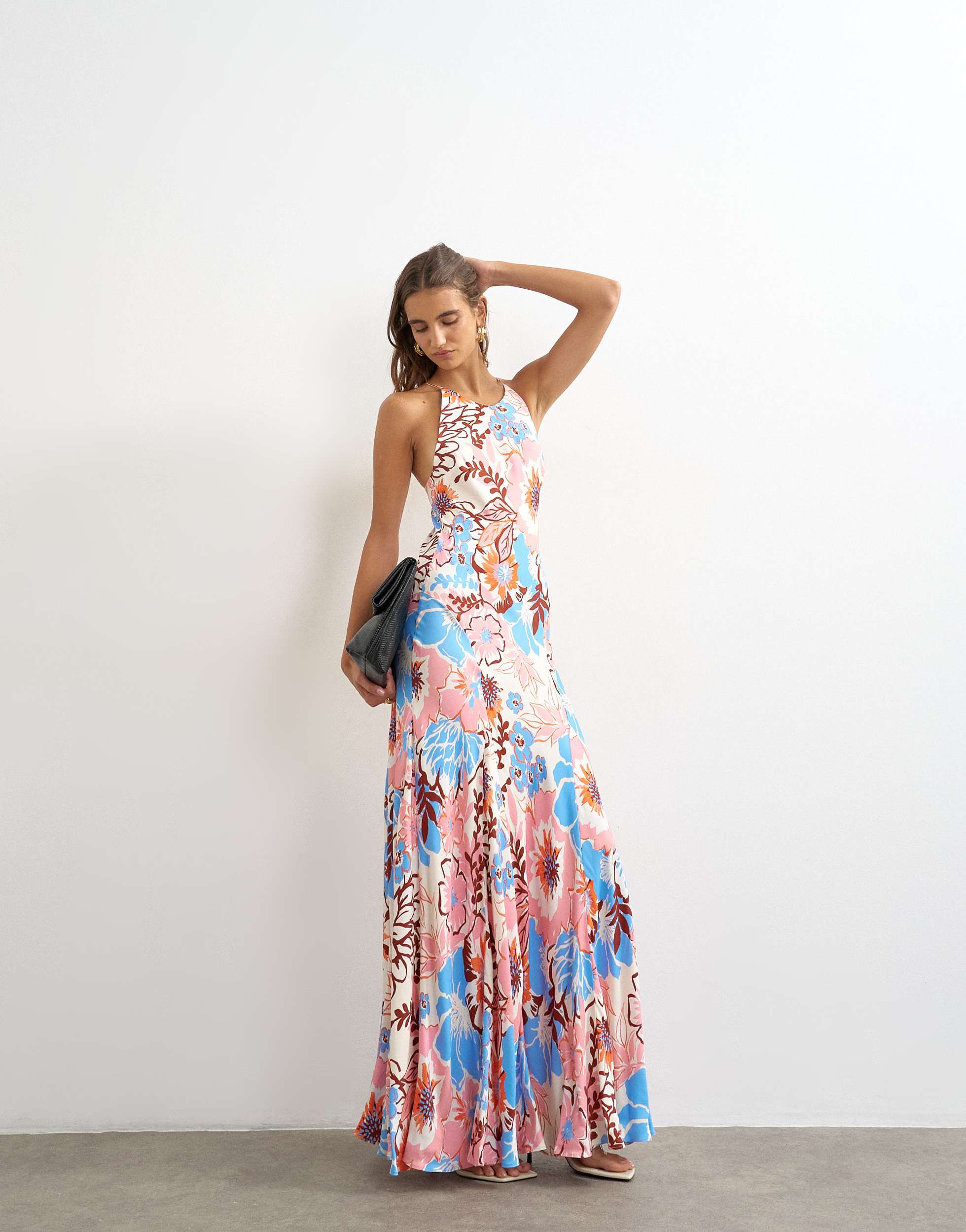 Topshop satin cut away racer neck full skirt maxi dress in blue and pink bold floral