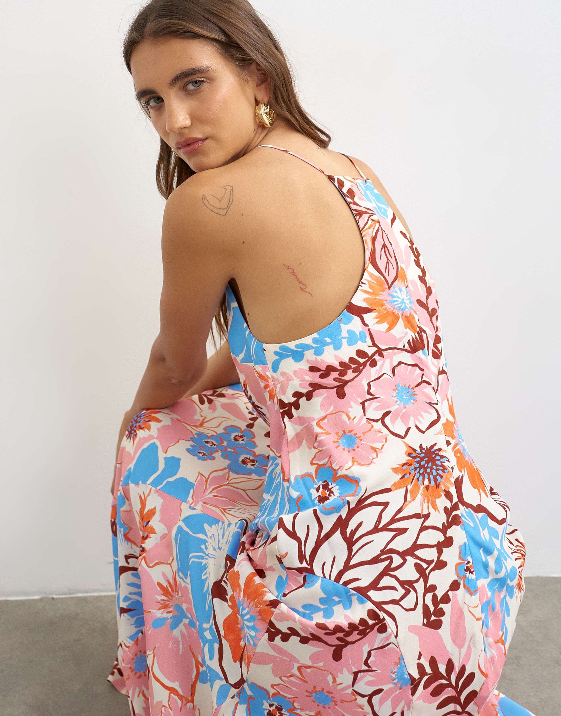 Topshop satin cut away racer neck full skirt maxi dress in blue and pink bold floral