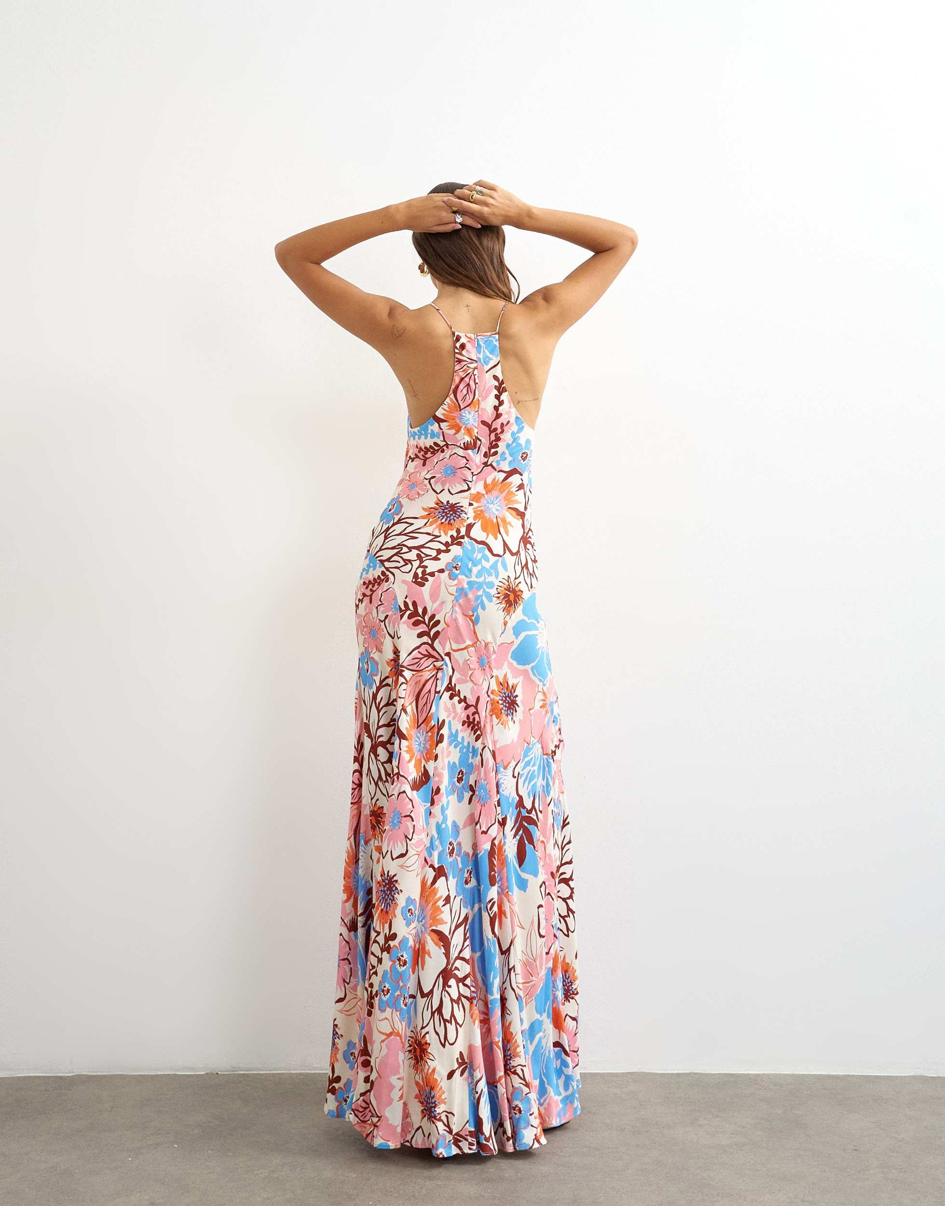 Topshop satin cut away racer neck full skirt maxi dress in blue and pink bold floral