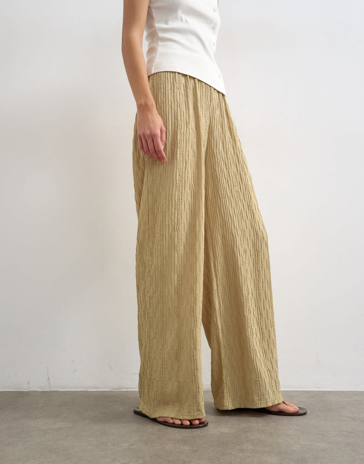 Topshop plisse jersey wide leg trouser in khaki