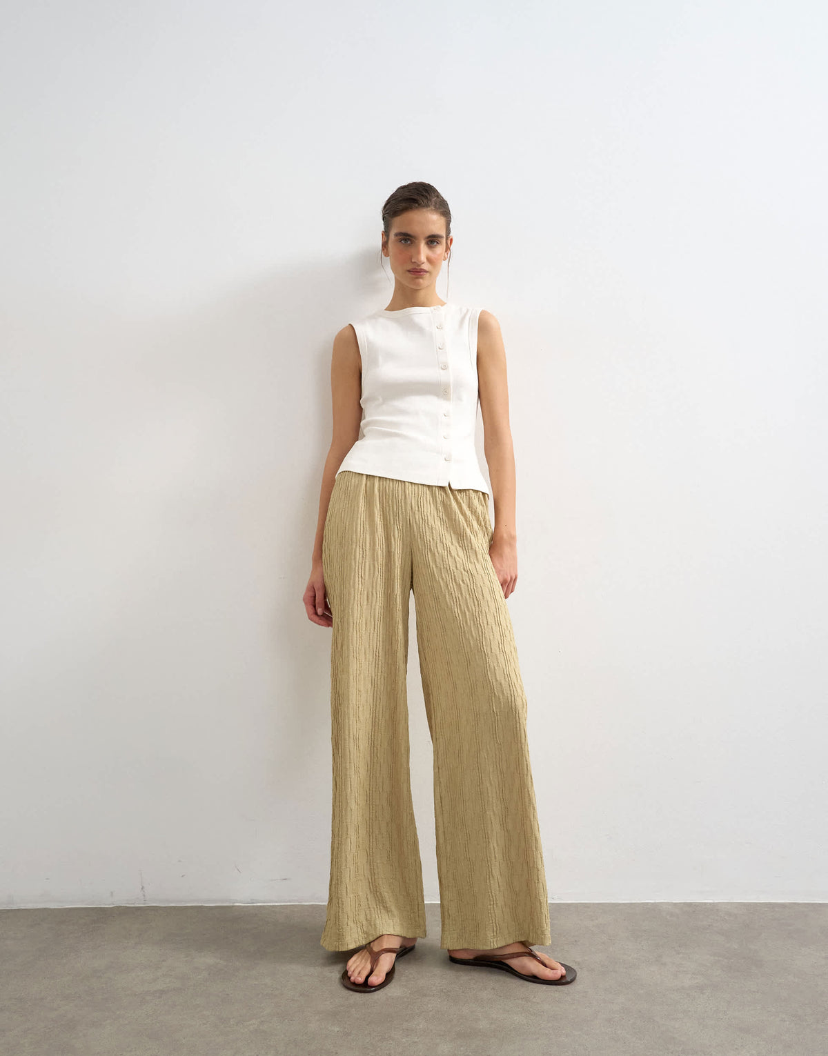 Topshop plisse jersey wide leg trouser in khaki