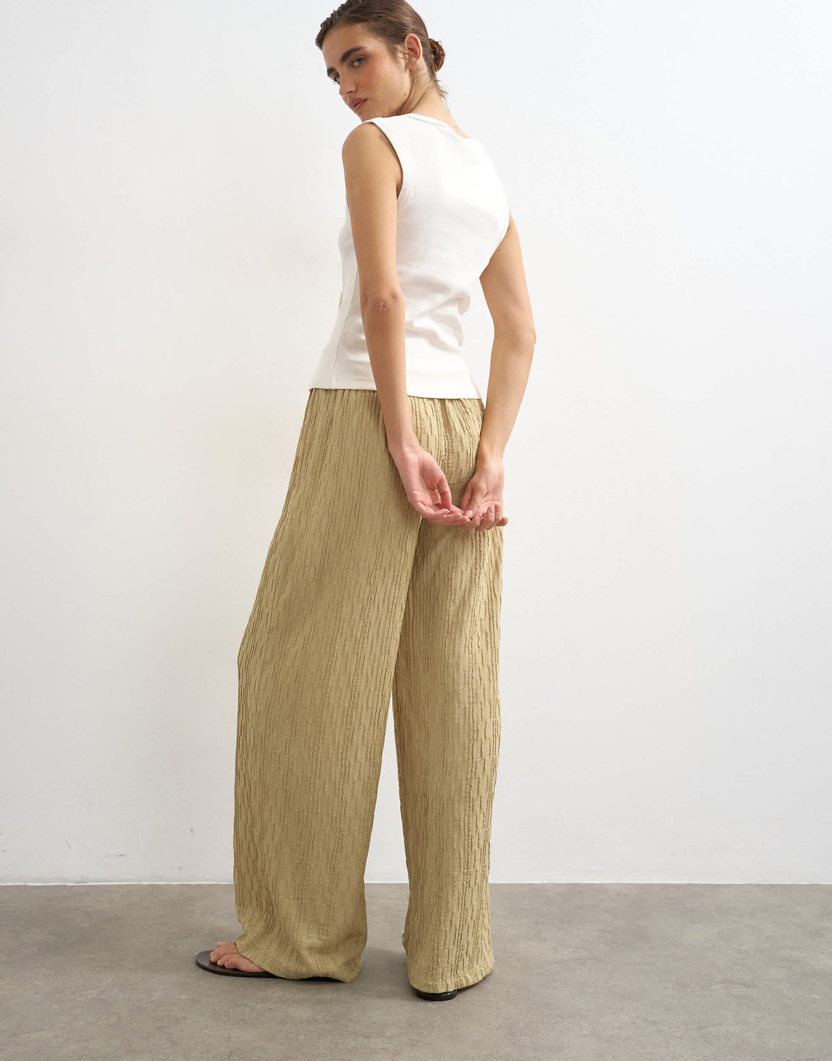 Topshop plisse jersey wide leg trouser in khaki