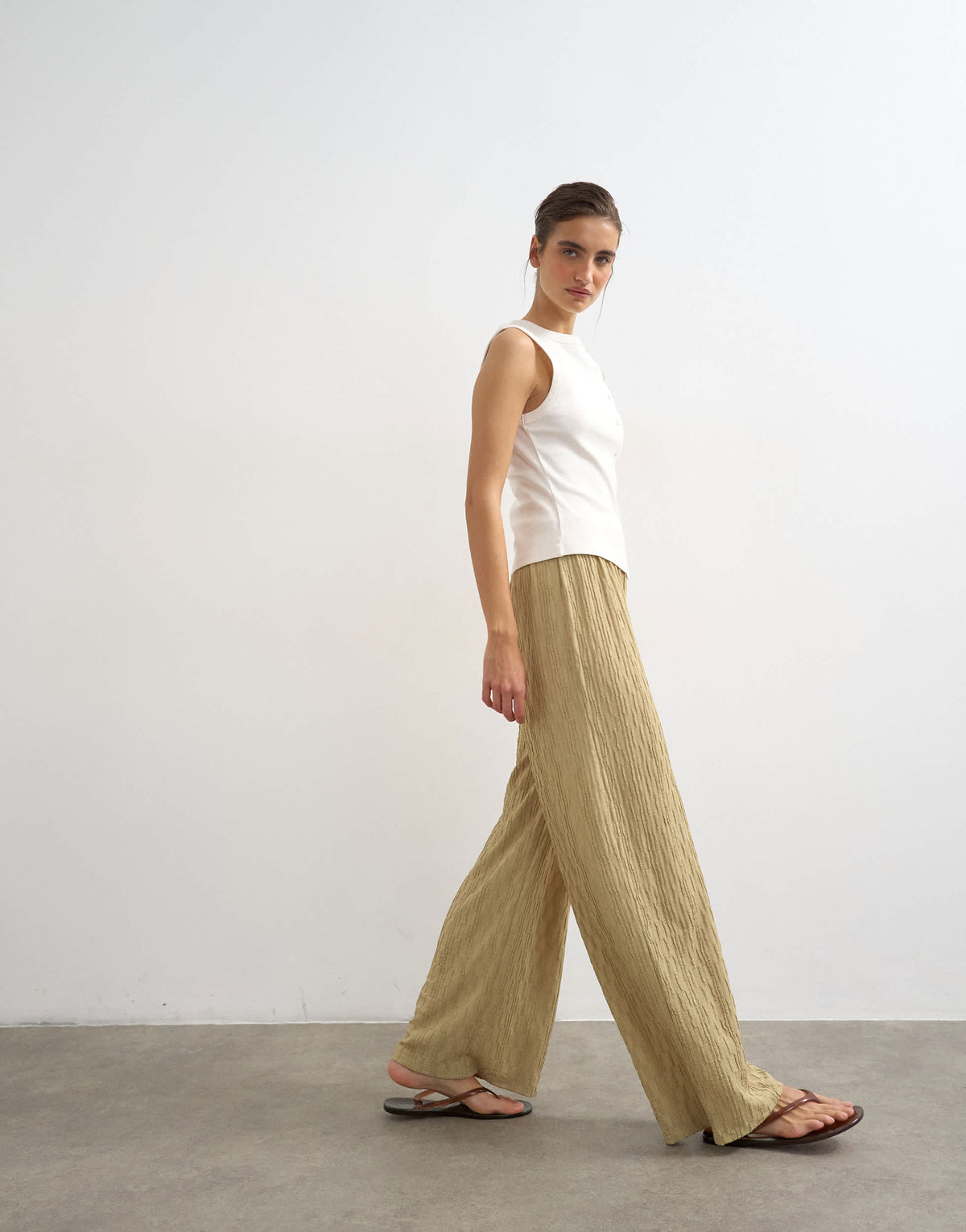 Topshop plisse jersey wide leg trouser in khaki