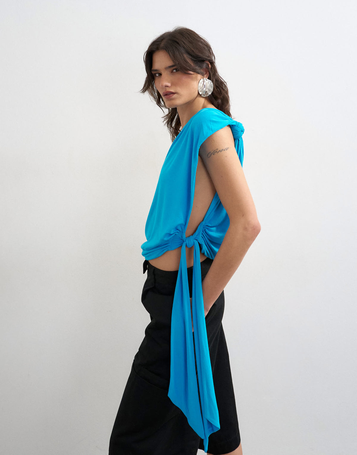 Topshop knot detail one shoulder top in blue
