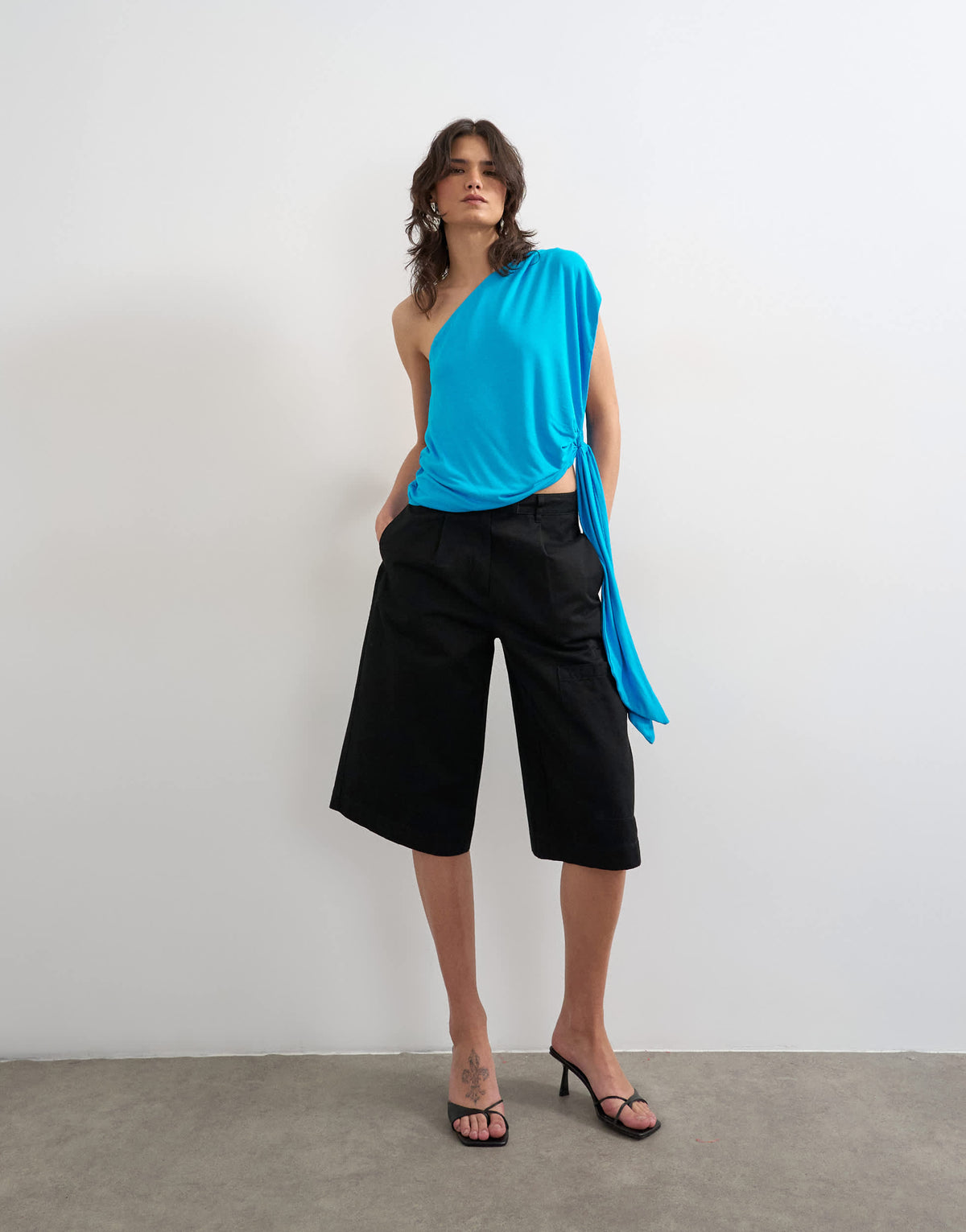 Topshop knot detail one shoulder top in blue
