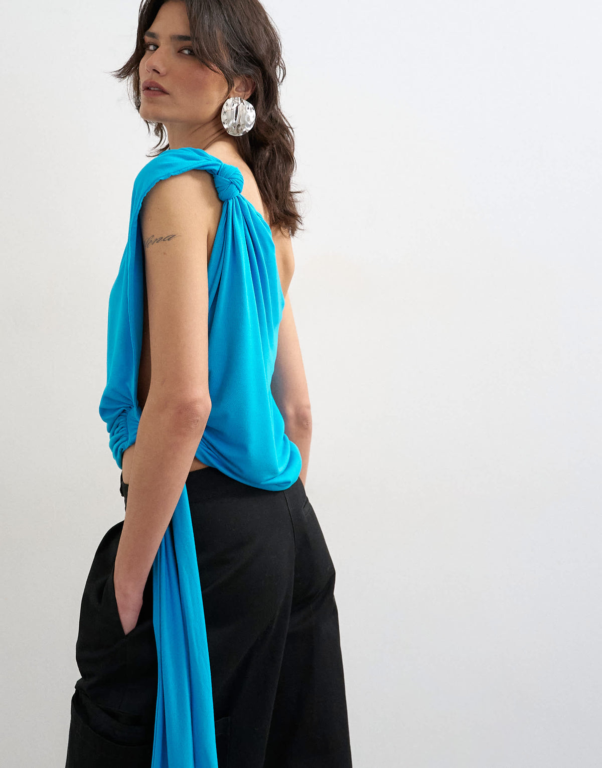 Topshop knot detail one shoulder top in blue